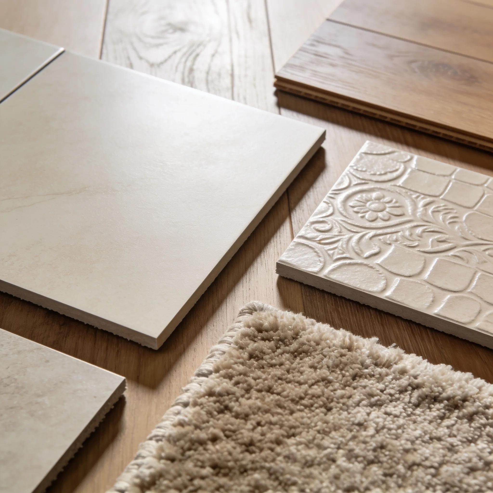 Samples of flooring materials with textures and durability indicators