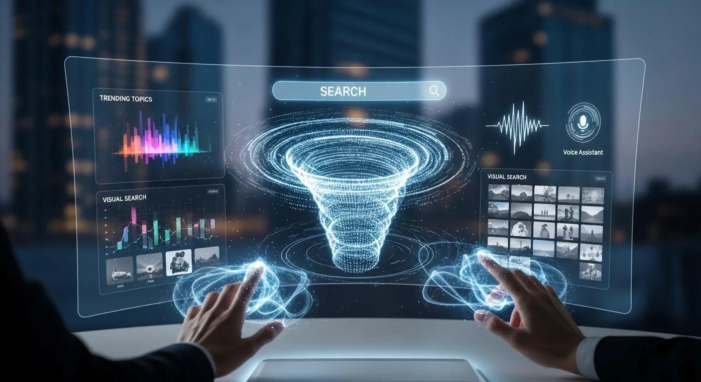 Futuristic AI search engine interface illustrating advanced technology and user engagement