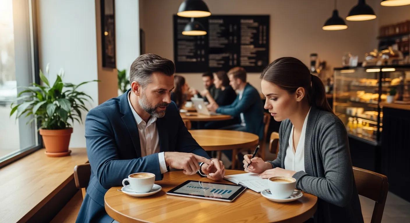 Private lender discussing financing options with a borrower in a cozy coffee shop setting