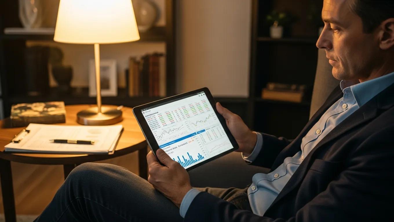 Investor analyzing portfolio on tablet with financial reports in a cozy setting Investor analyzing portfolio on tablet with financial reports in a cozy setting