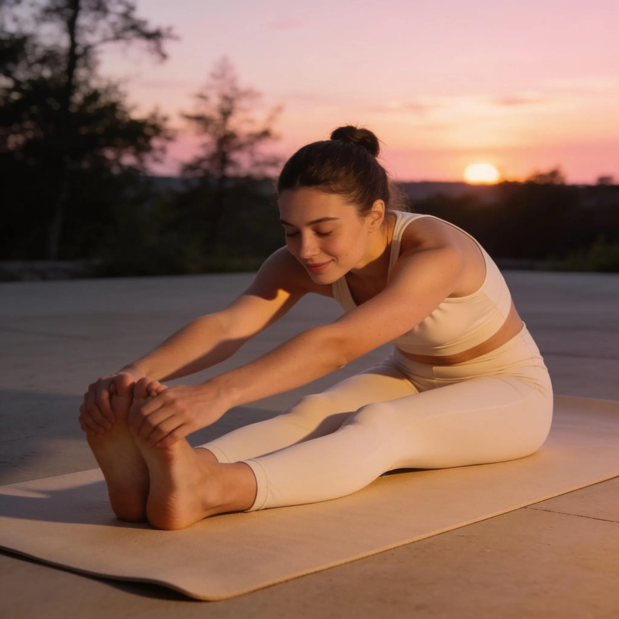 Person engaging in gentle stretching exercises on a yoga mat to reduce back pain before sleep