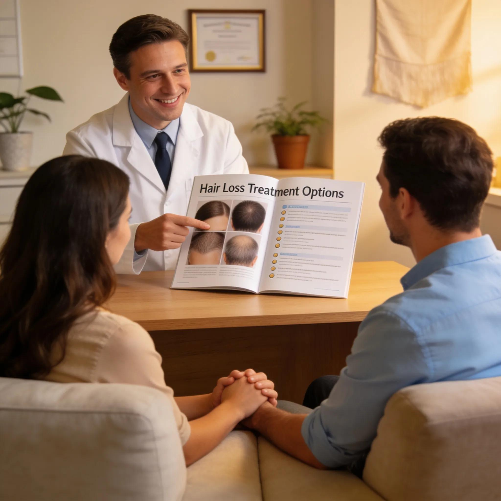 A doctor discussing FDA-approved hair loss treatments with a couple in a clinical setting, highlighting informed choices
