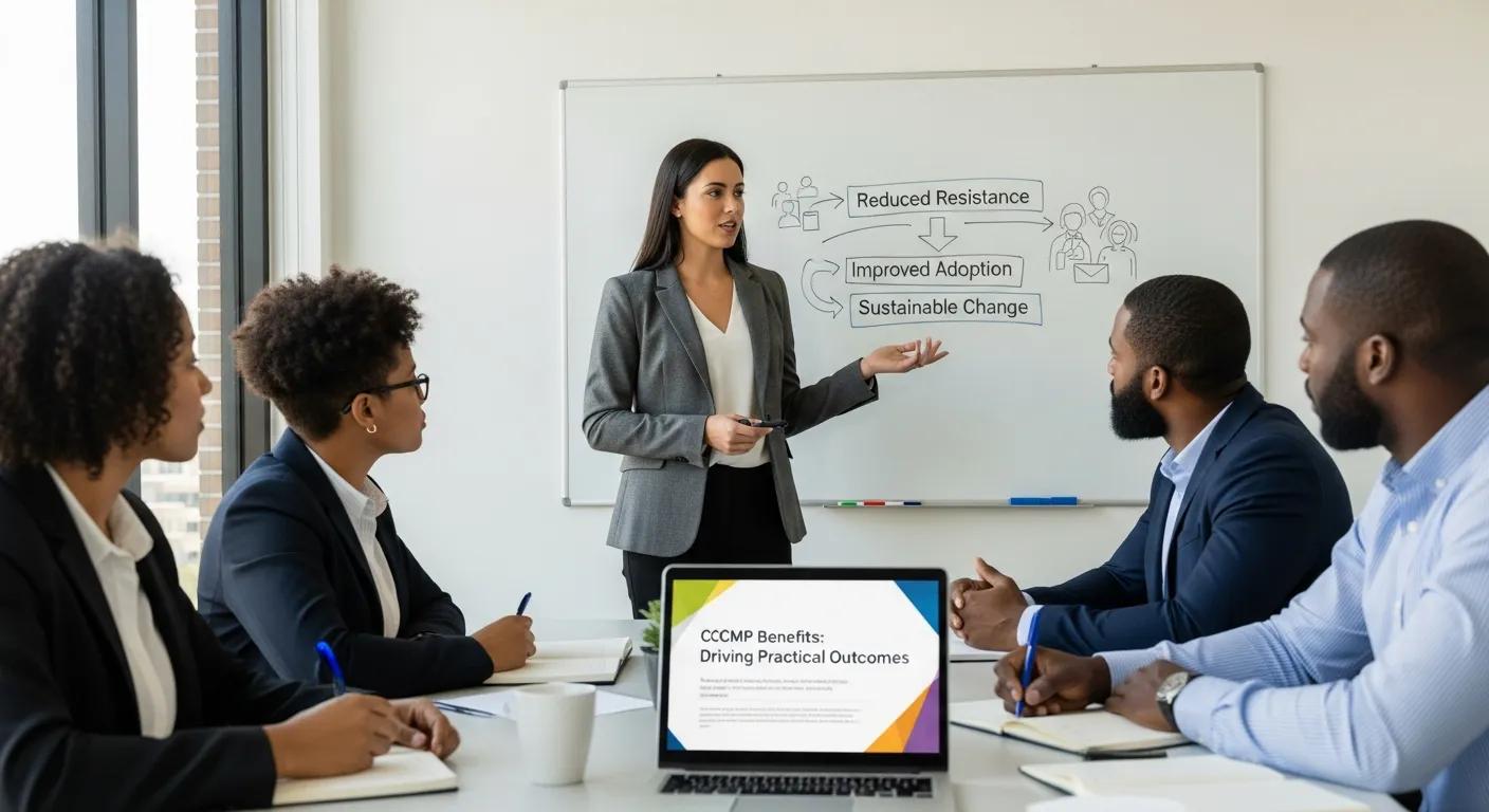 Business professional presenting change management strategies to an engaged audience in a meeting room.
