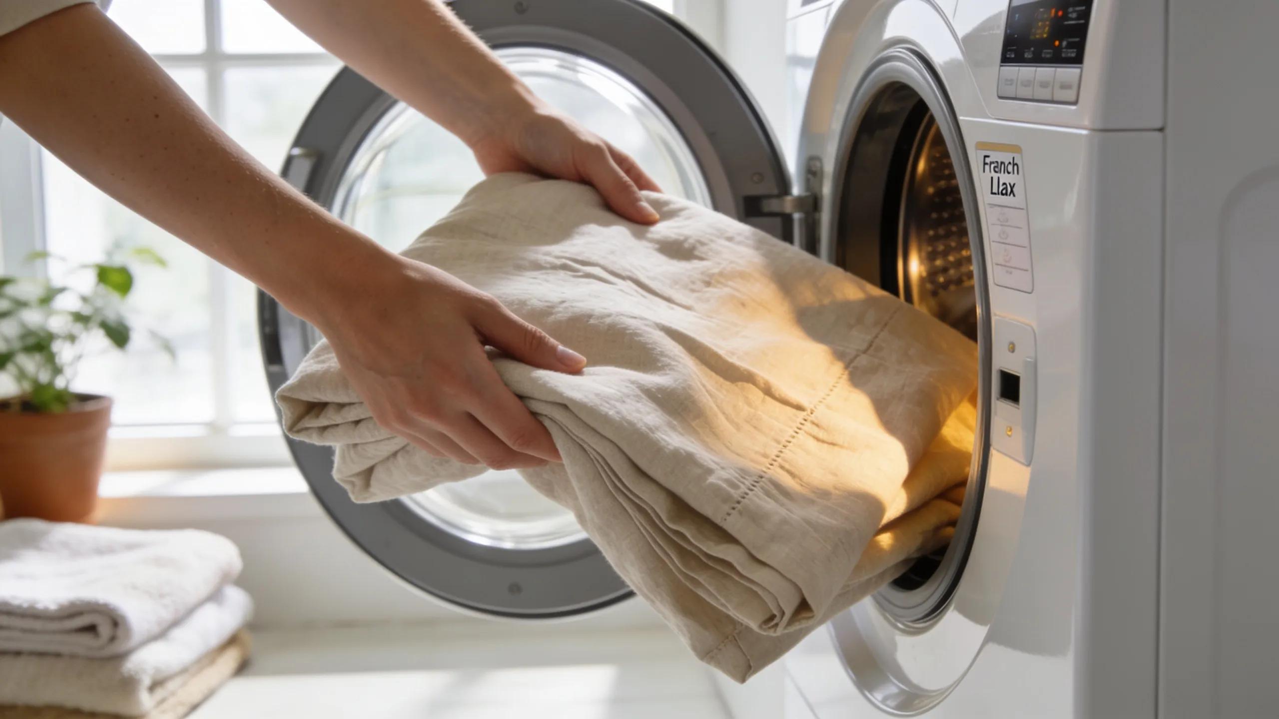 A person washing French Flax linen sheets in a modern washing machine, illustrating proper care for longevity