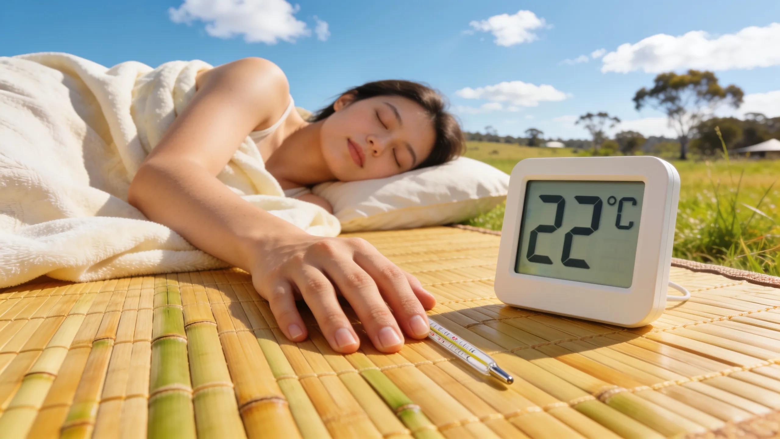 Person sleeping comfortably on a bamboo mattress topper with a thermometer representing temperature regulation