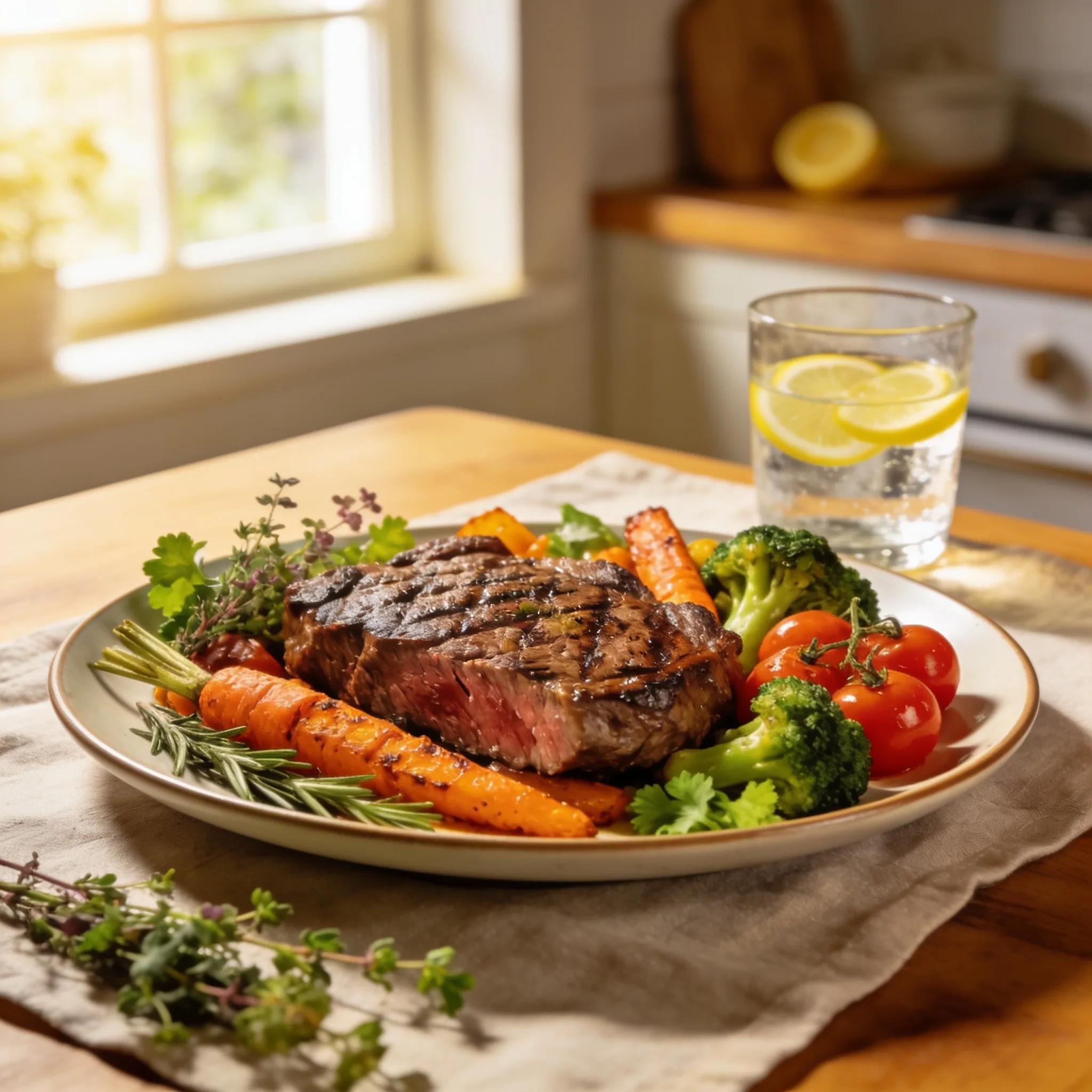 Deliciously plated grass-fed beef with vegetables, highlighting healthy eating and cognitive benefits