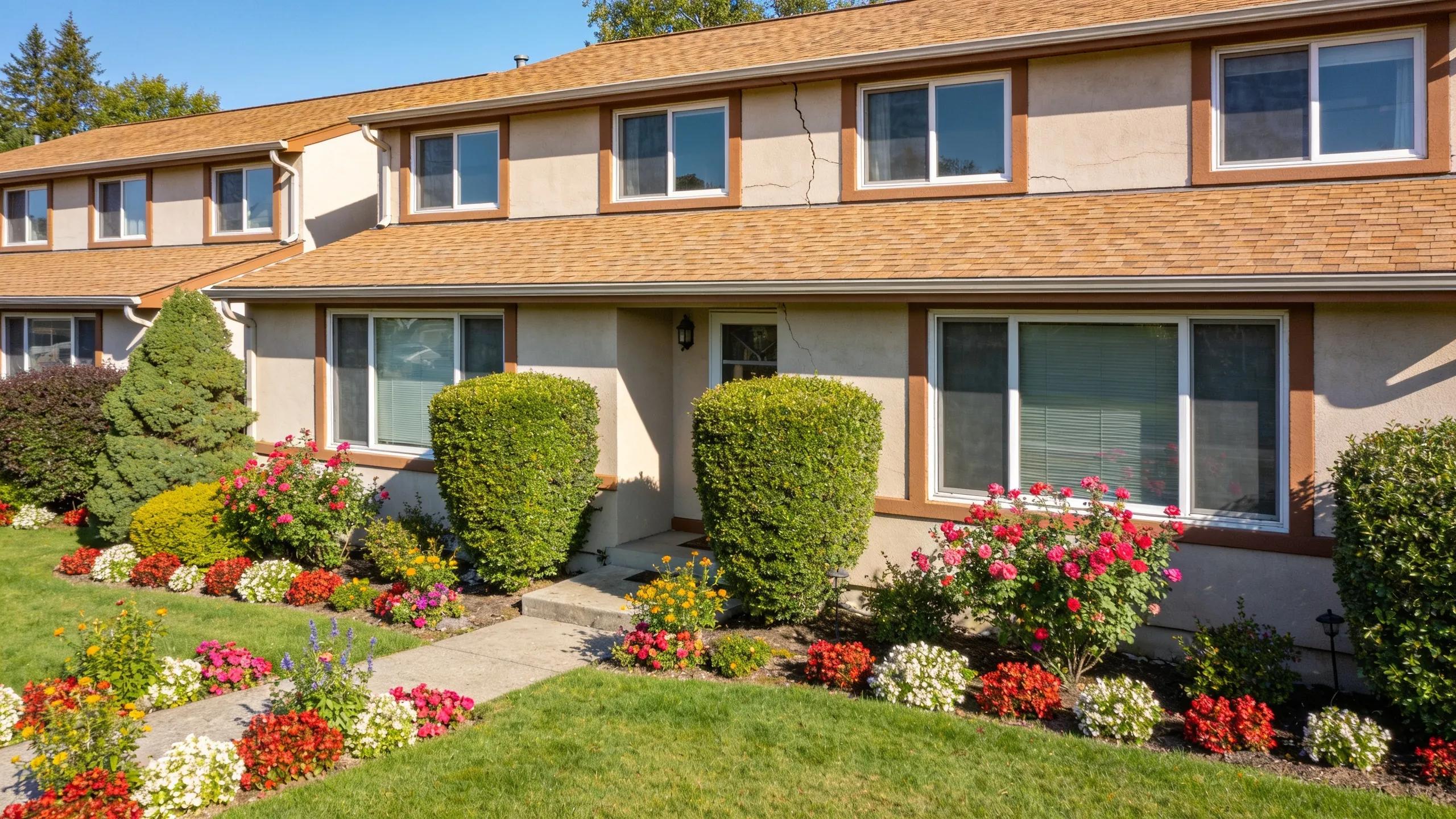 Exterior view of a multifamily property showing roof condition and facade integrity for inspection Exterior view of a multifamily property showing roof condition and facade integrity for inspection