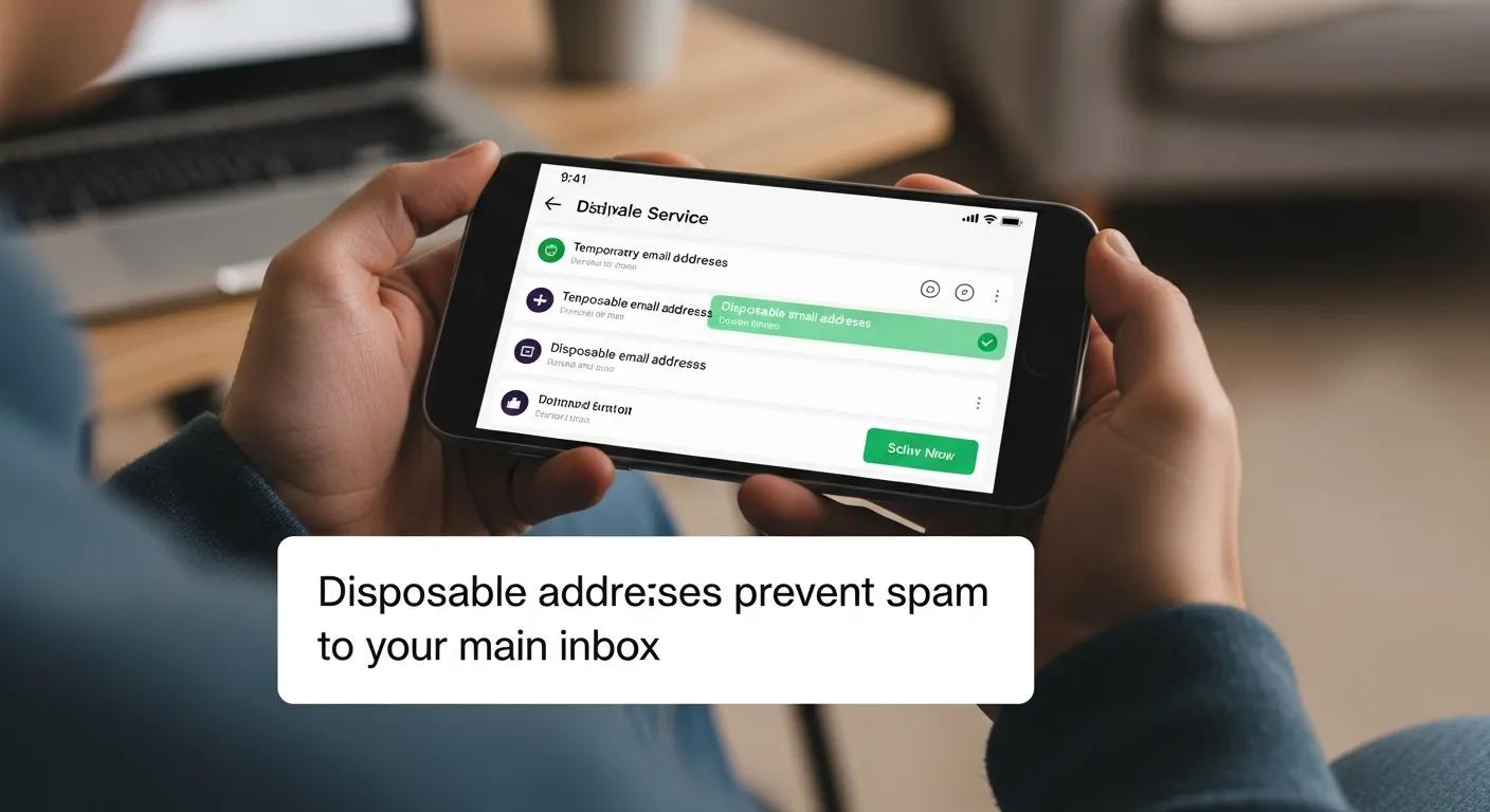 User holding a smartphone using a temporary email service, showing how disposable addresses prevent spam to your main inbox