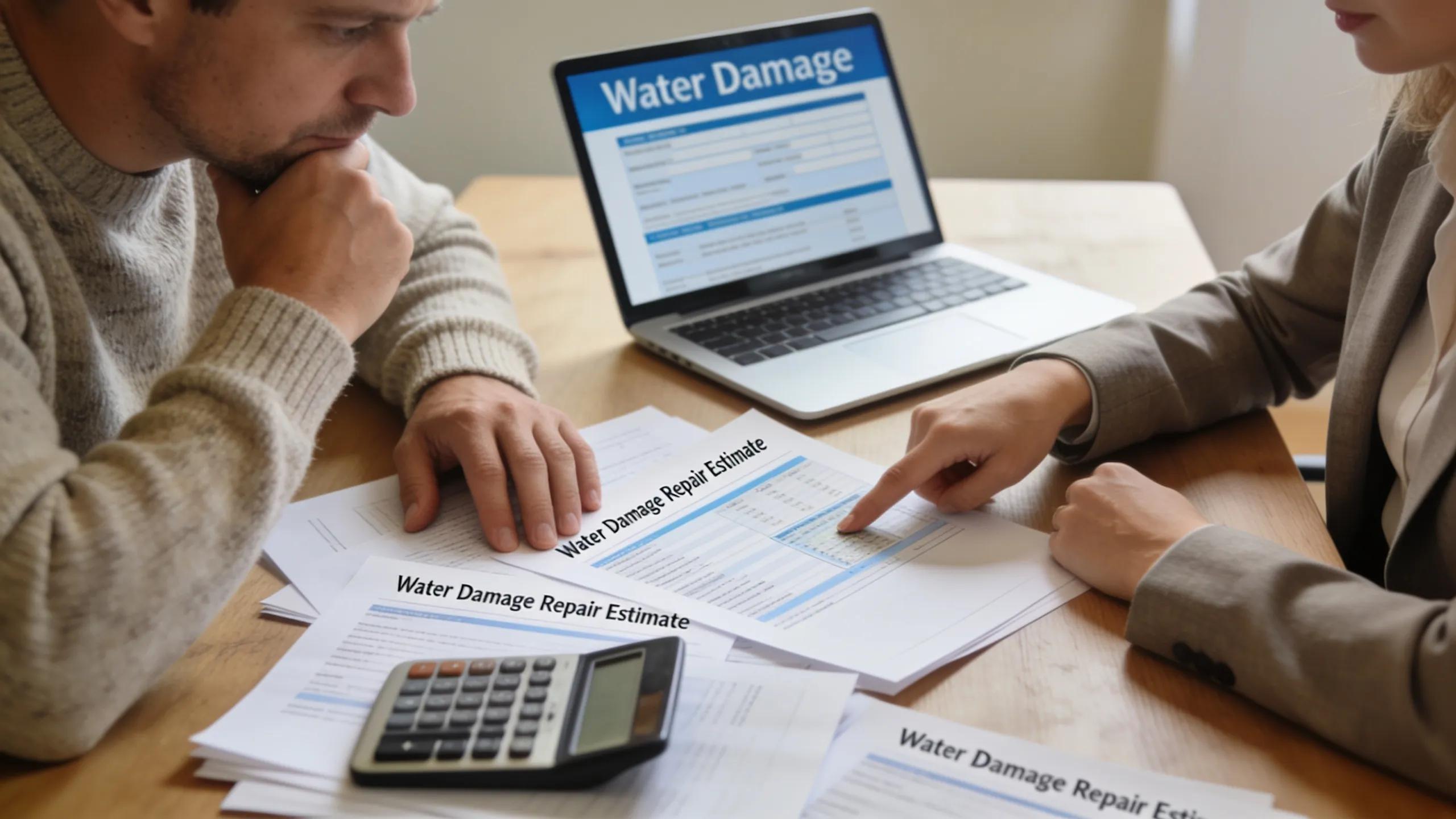 Homeowner discussing water damage repair costs with an insurance agent