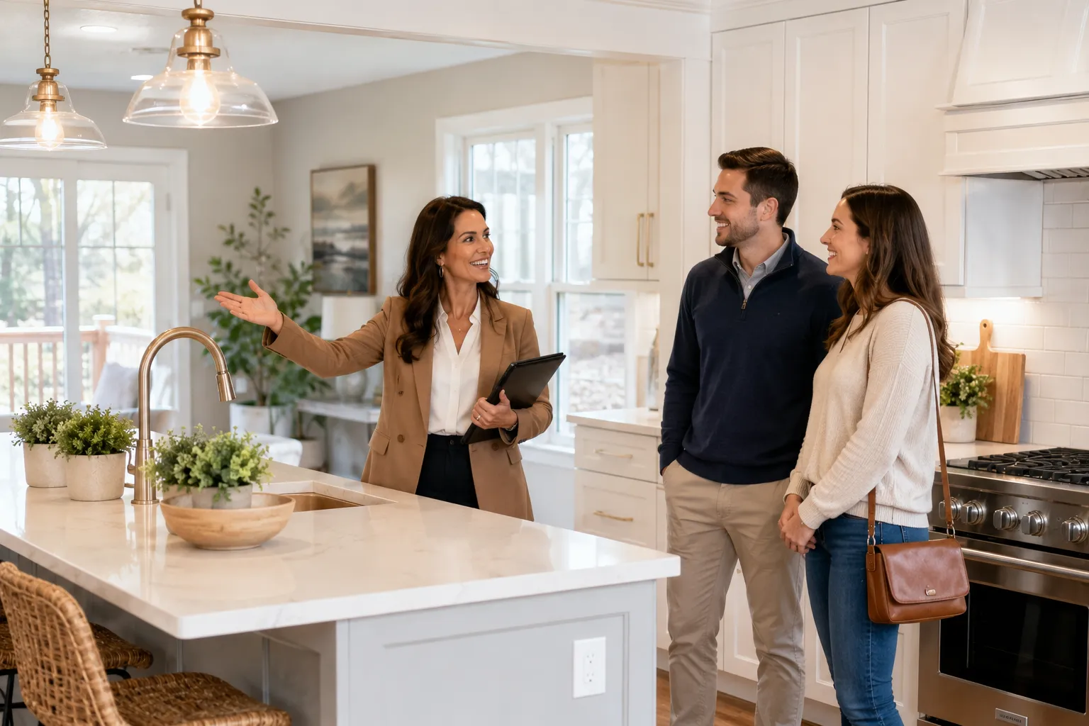 A real estate agent walking a young couple through a sunny Fredericksburg home for sale with a modern kitchen in the background.