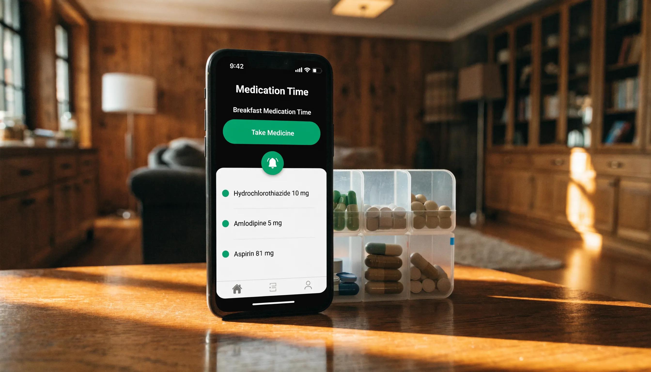 Smartphone app displaying medication reminders for an older adult