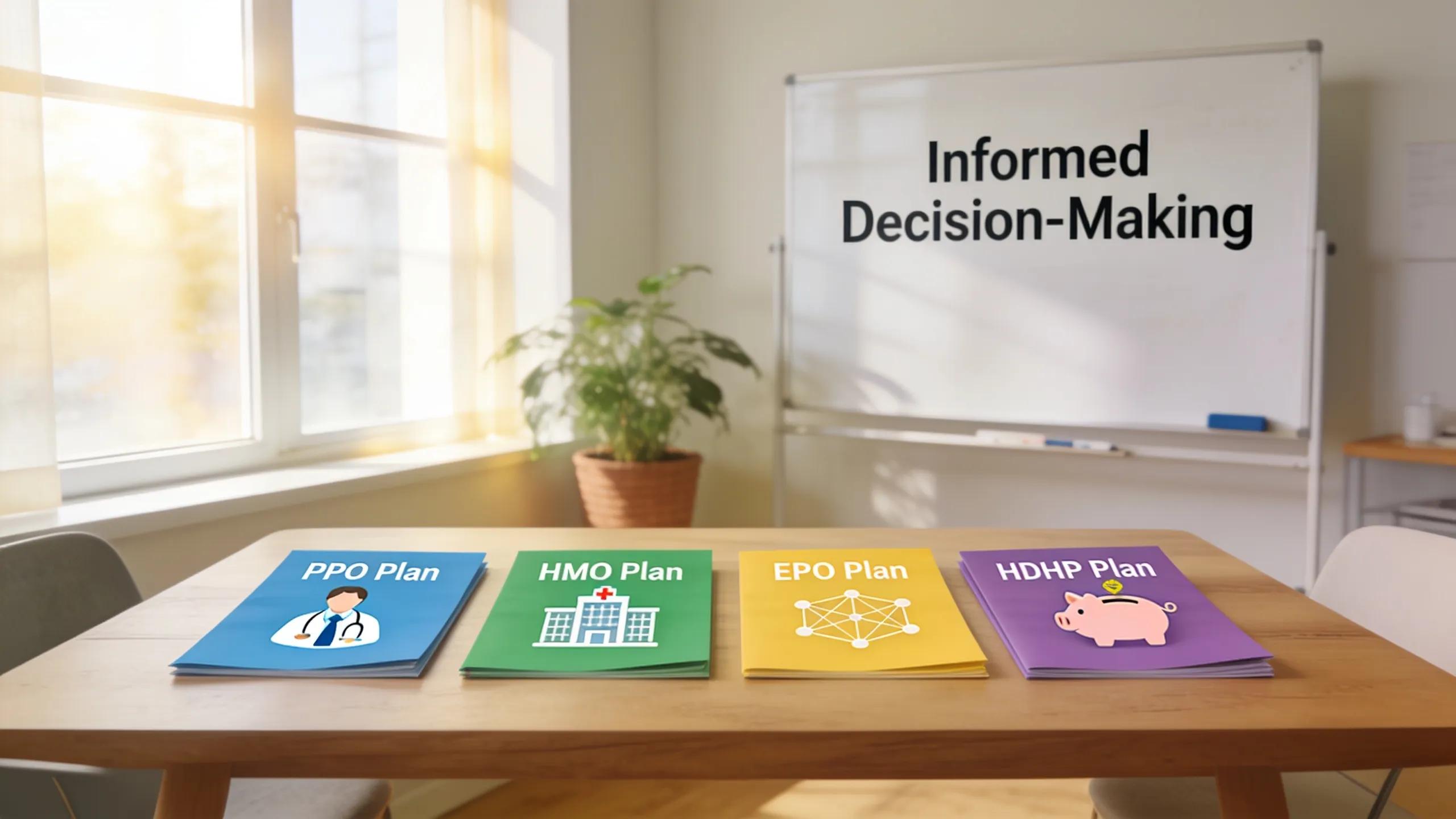 Variety of employee health insurance options laid out in a bright office setting