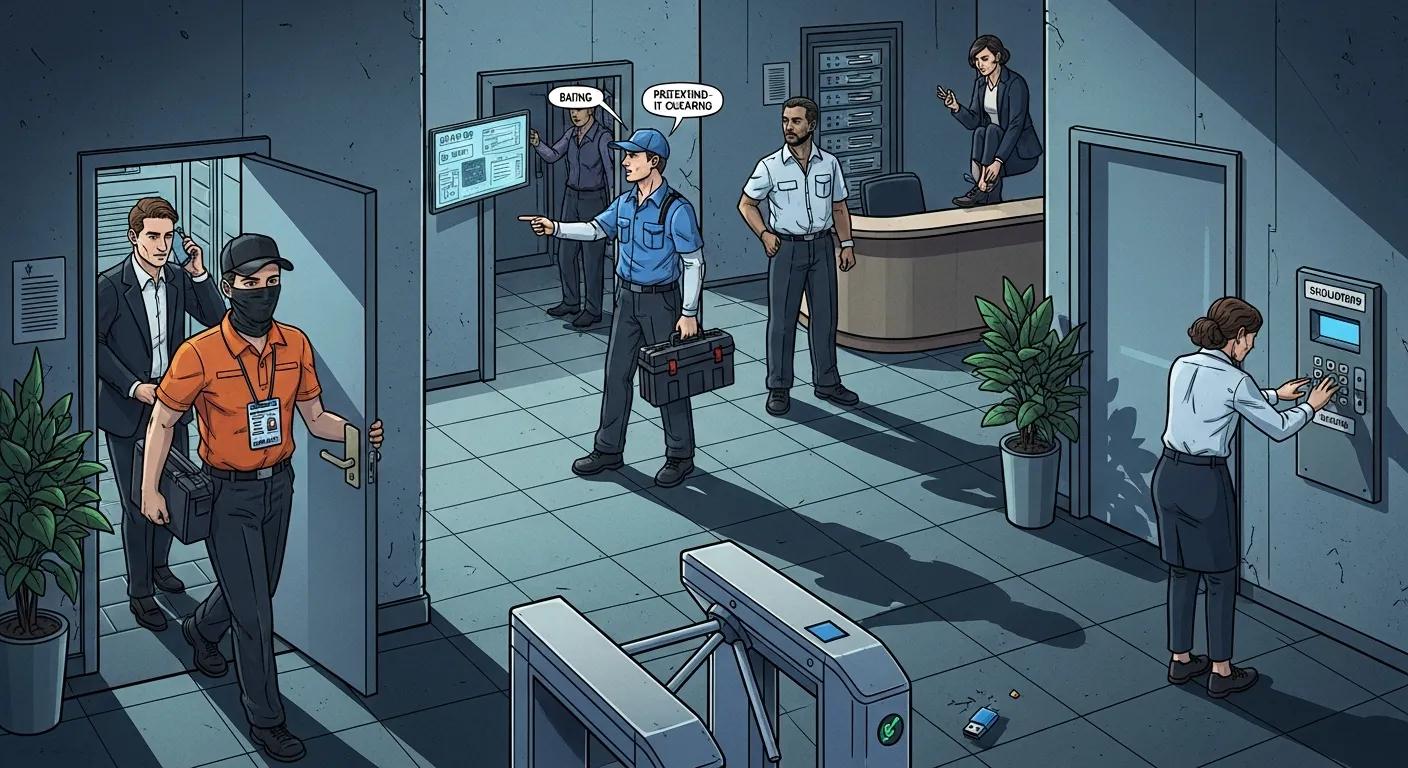 Illustration of social engineering tactics used to gain physical access to secure spaces