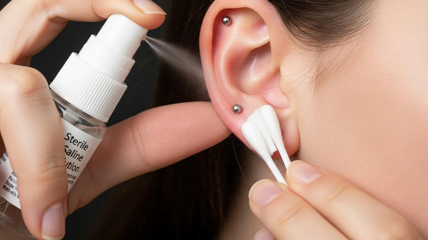Person cleaning a new ear piercing with saline solution, emphasizing aftercare techniques