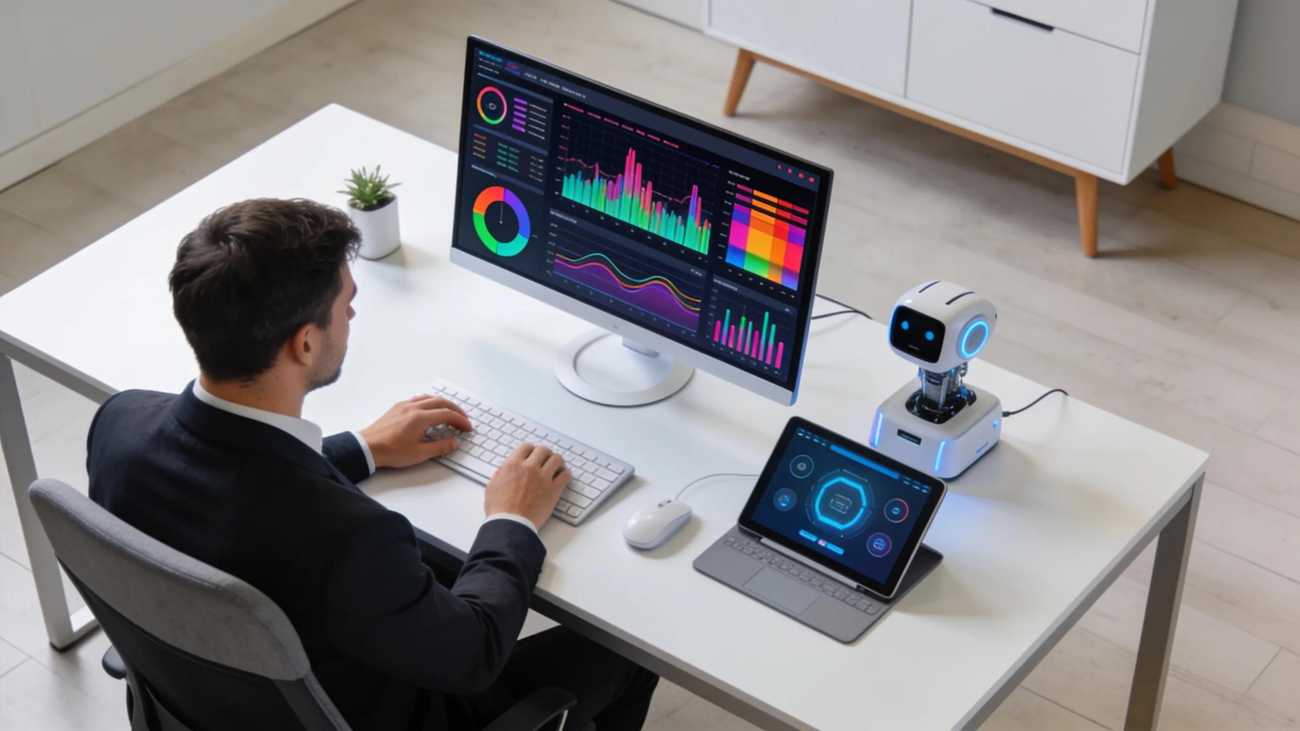 Professional using AI tools for SEO maintenance in a modern workspace