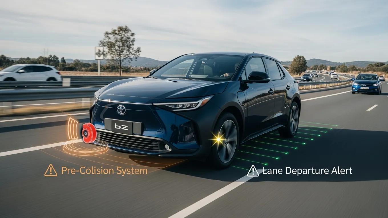 2026 Toyota bZ demonstrating its safety technologies on the road, highlighting features like Pre-Collision System and Lane Departure Alert