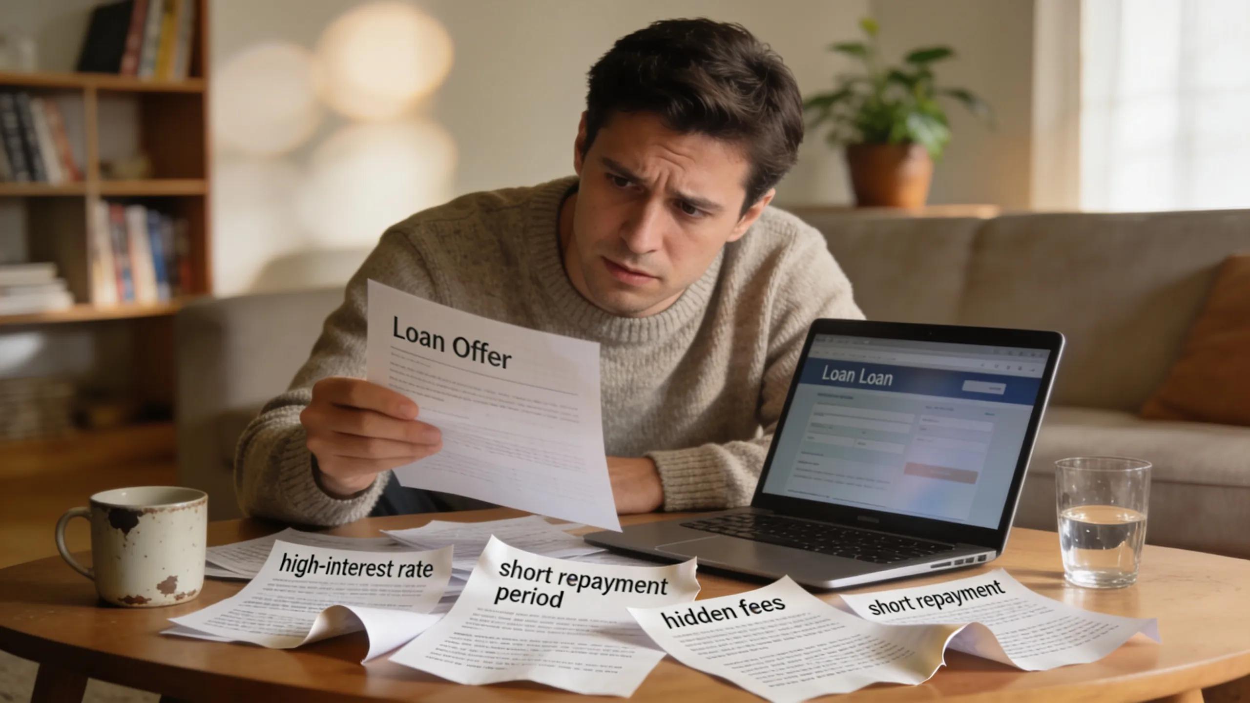 Borrower examining confusing loan offers to identify predatory lending signs