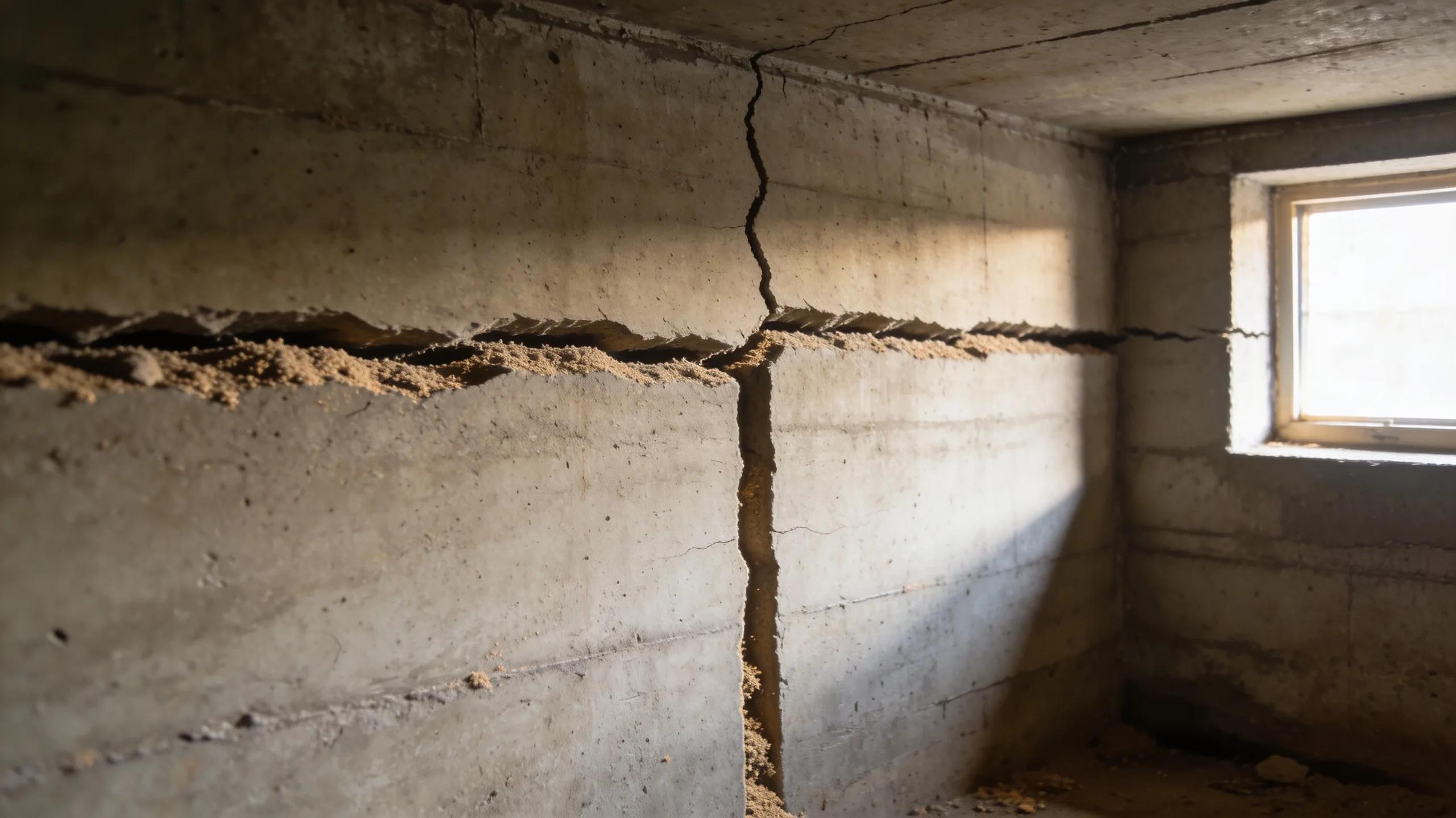 Close-up view of different types of foundation cracks on basement walls indicating structural issues