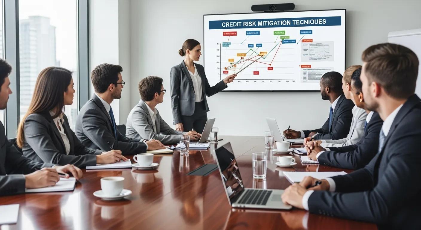 Professional meeting discussing credit risk mitigation techniques in a conference room Professional meeting discussing credit risk mitigation techniques in a conference room