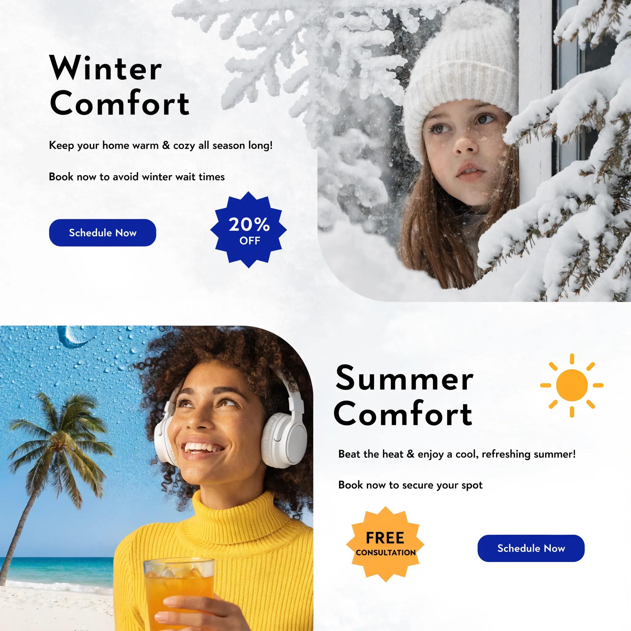 Collage of seasonal marketing promotions for HVAC services, highlighting winter and summer themes