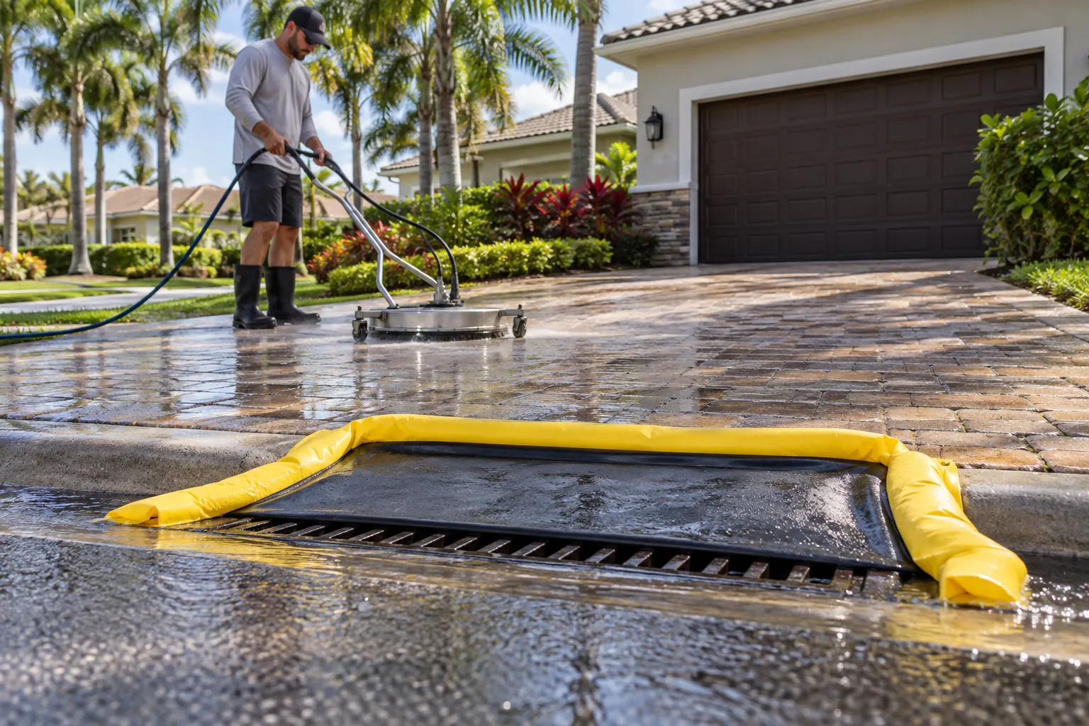 Storm drain protected during pressure washing in West Palm Beach