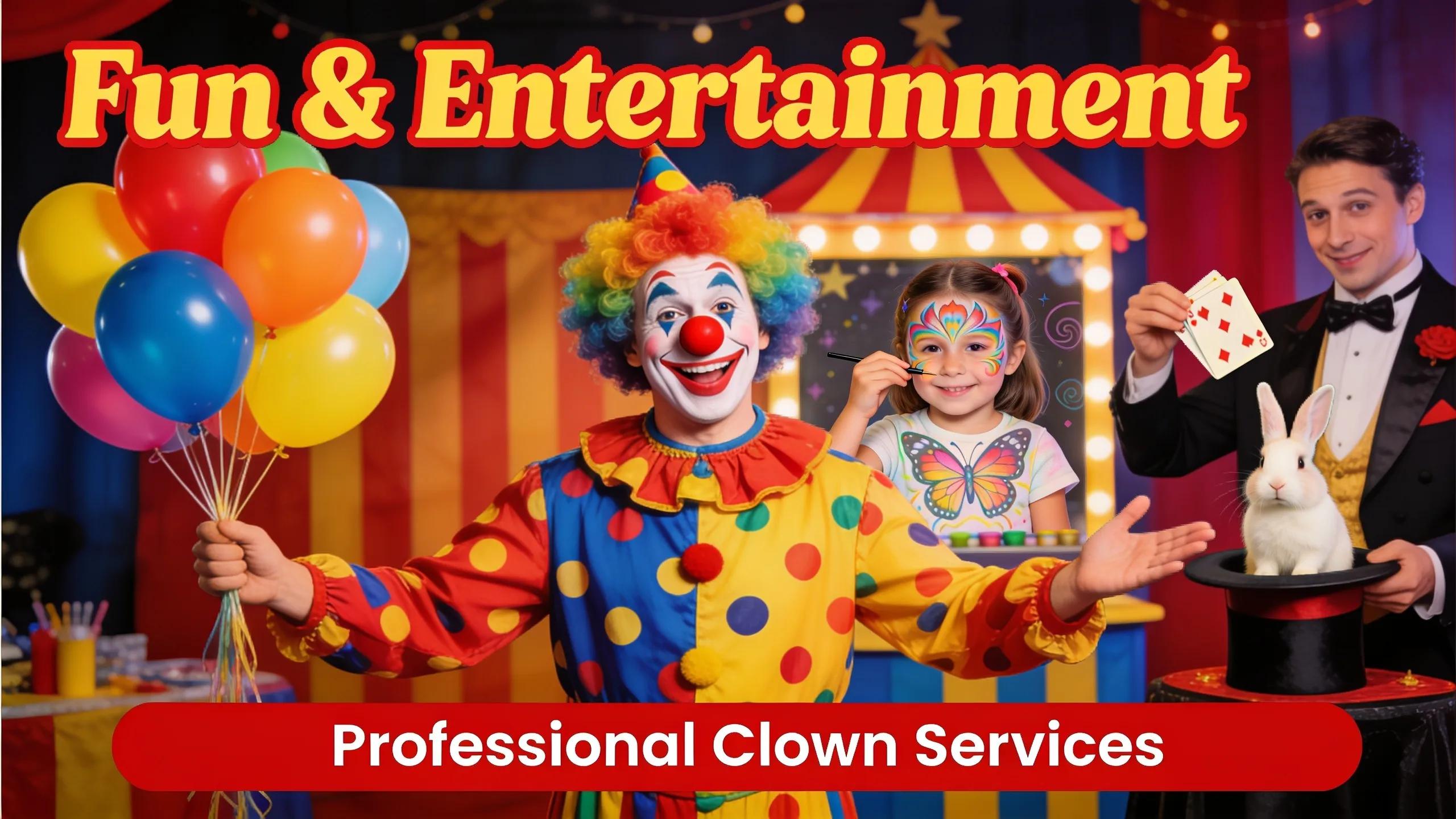 Friendly clown standing with balloons, depicting options for kids' entertainment