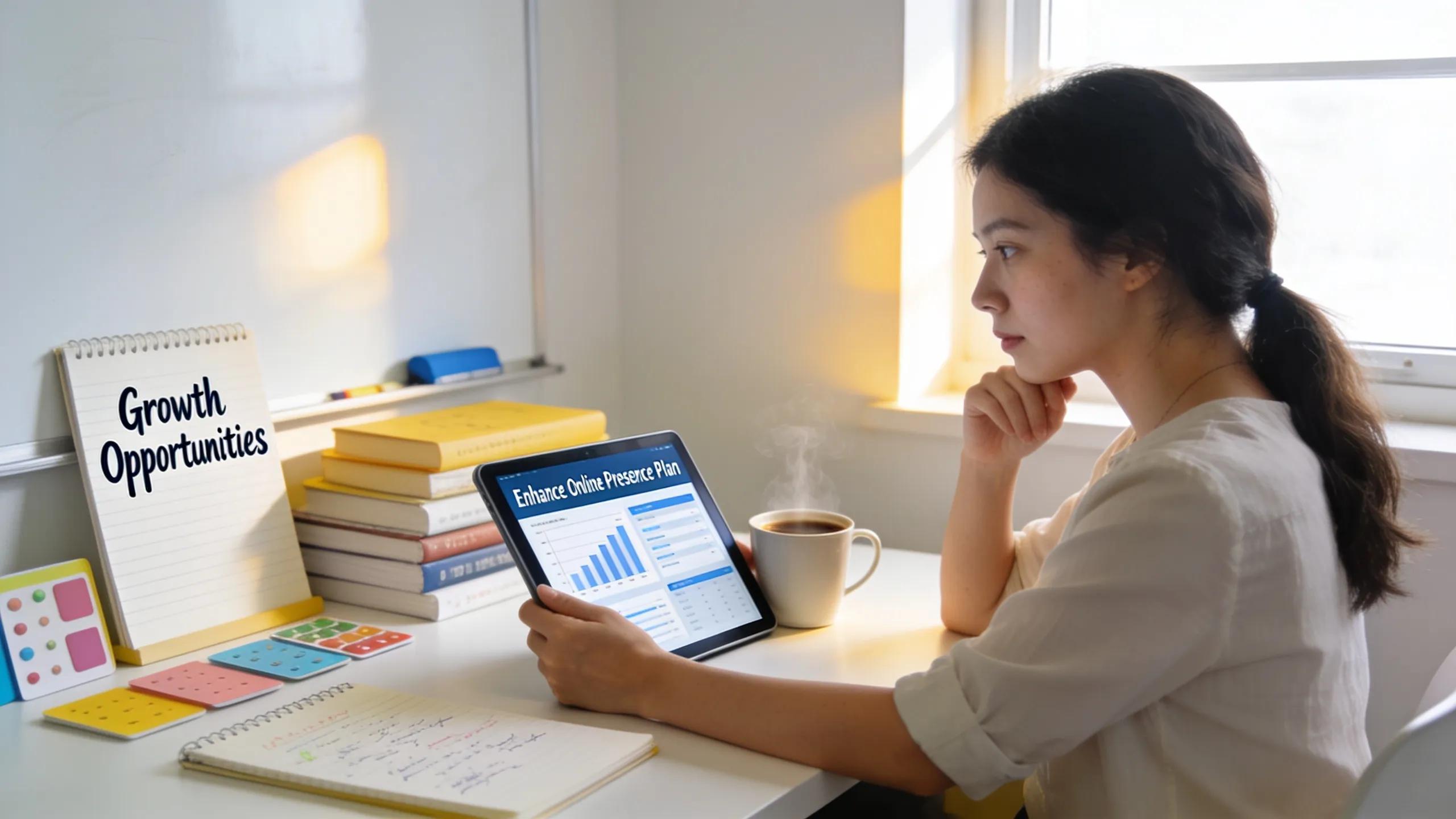 Educator reviewing a digital report on a tablet in a workspace