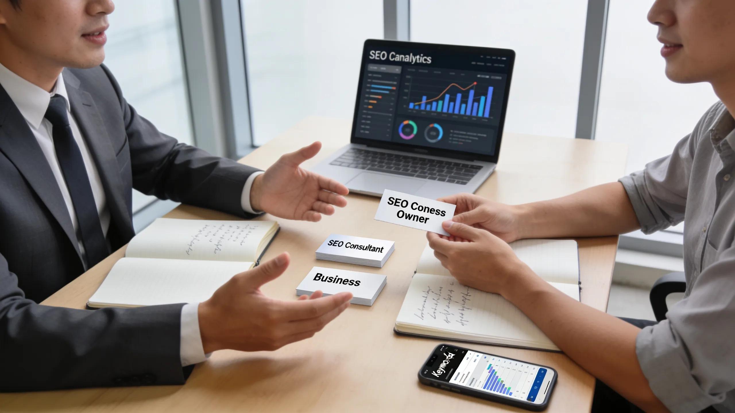 Business meeting between an owner and SEO expert discussing digital strategies, highlighting effective consultation steps