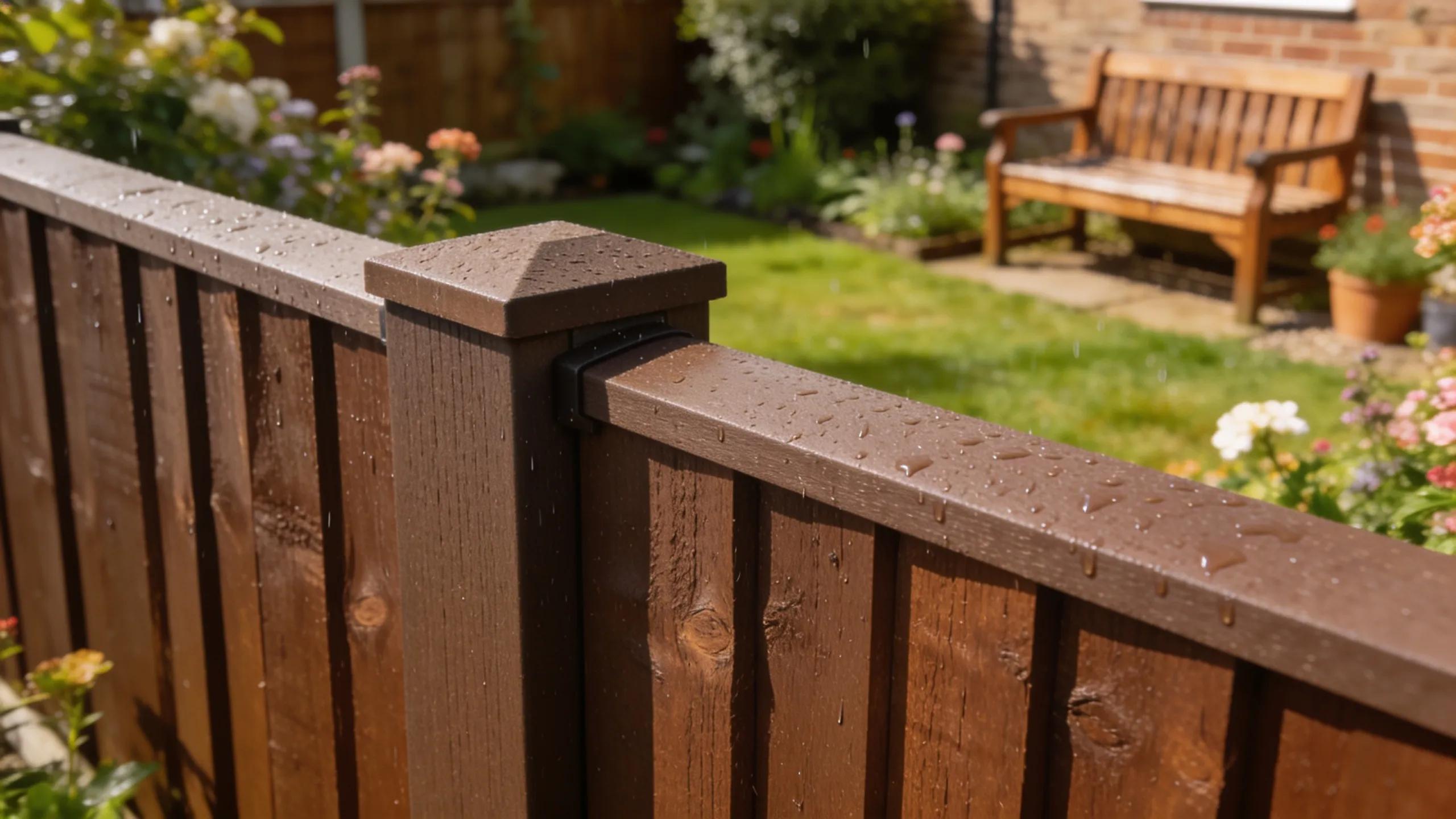 Durable composite fencing contrasting with UK weather elements in a garden landscape