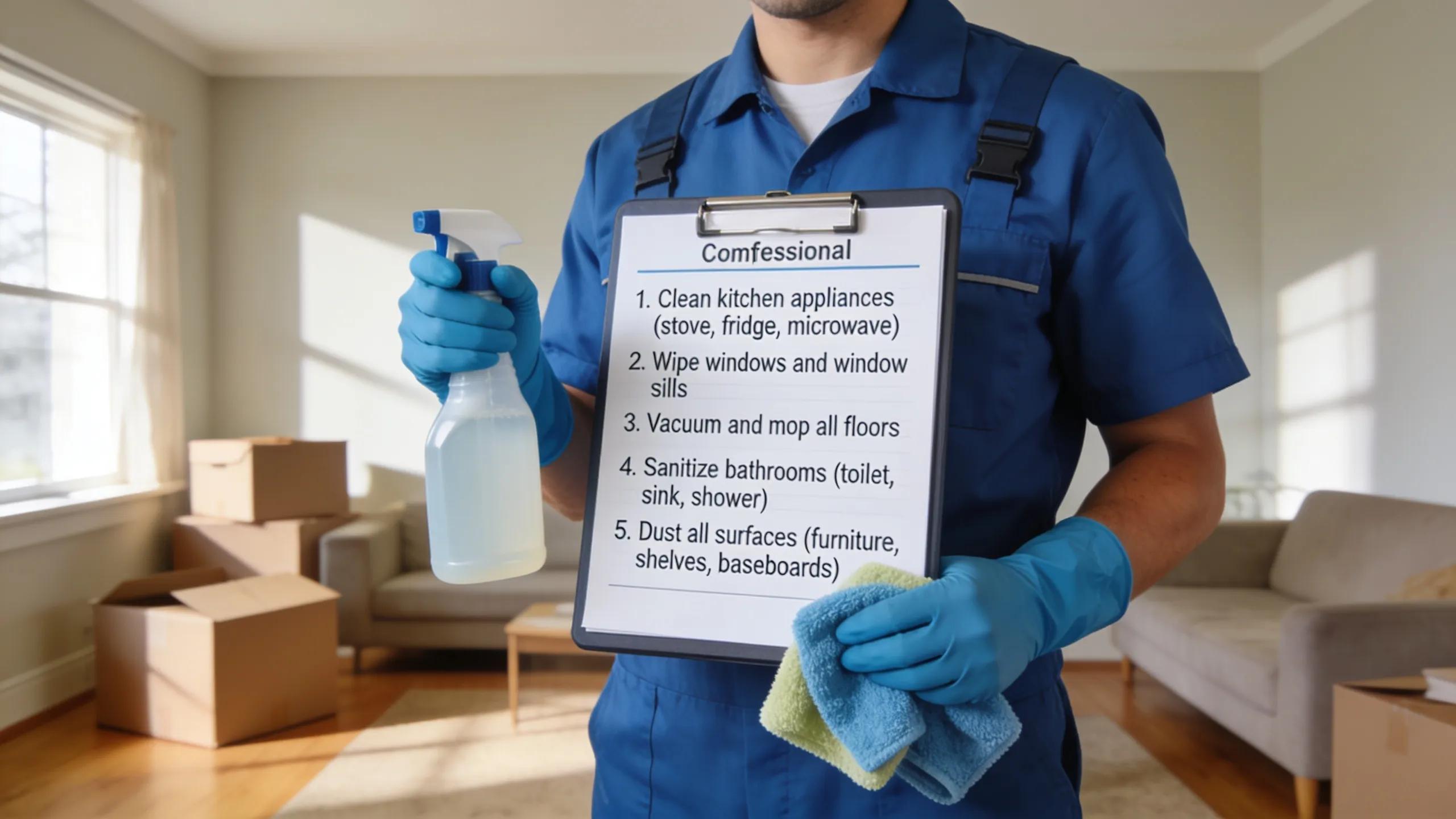 Professional cleaner following a comprehensive checklist for move out cleaning