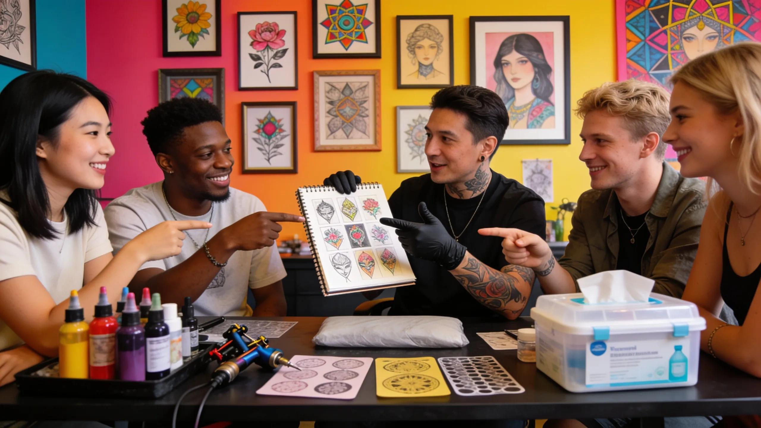 Discussion between clients and tattoo artist in a bright studio reflecting personal tattoo visions