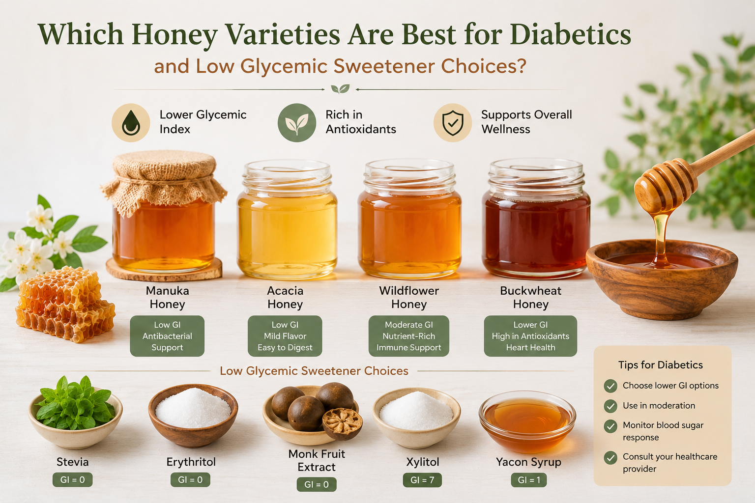 Jars of assorted honeys with fruit and herbs, showing options suited to blood-sugar conscious diets