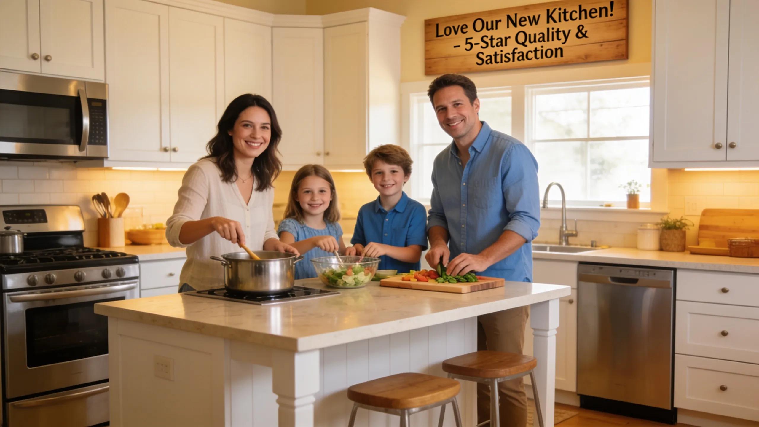 Family enjoying time in a newly remodeled kitchen, highlighting customer satisfaction