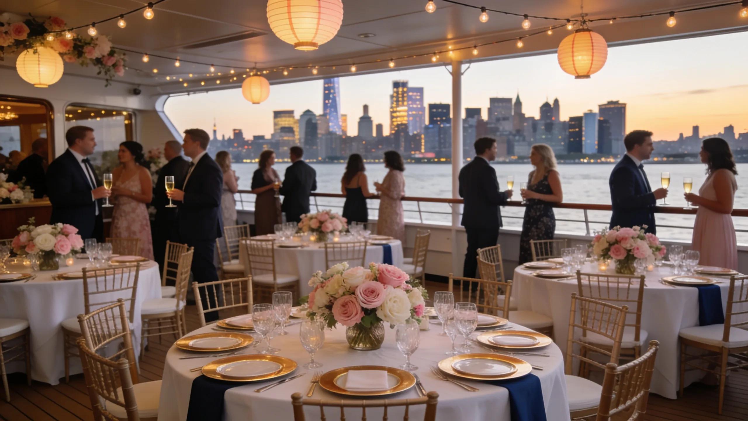 Beautifully arranged private boat party setup with NYC skyline view