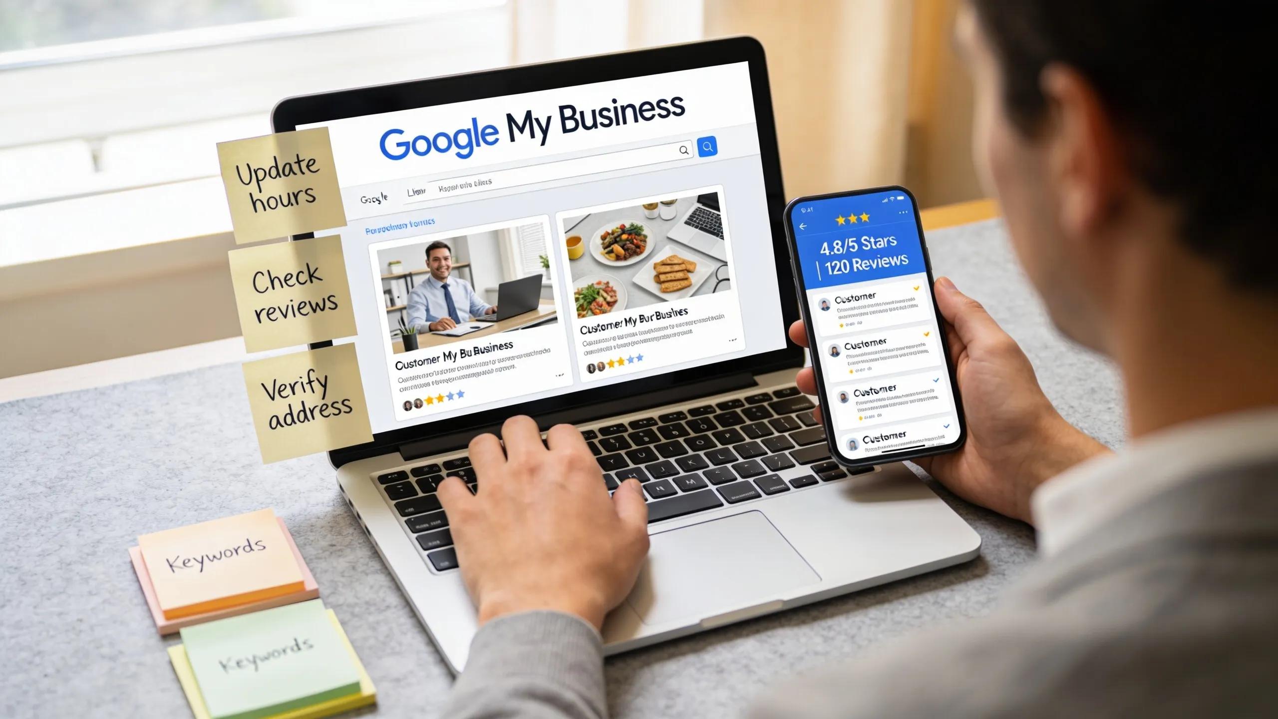 Digital marketing professional optimizing Google My Business profile for accuracy and engagement