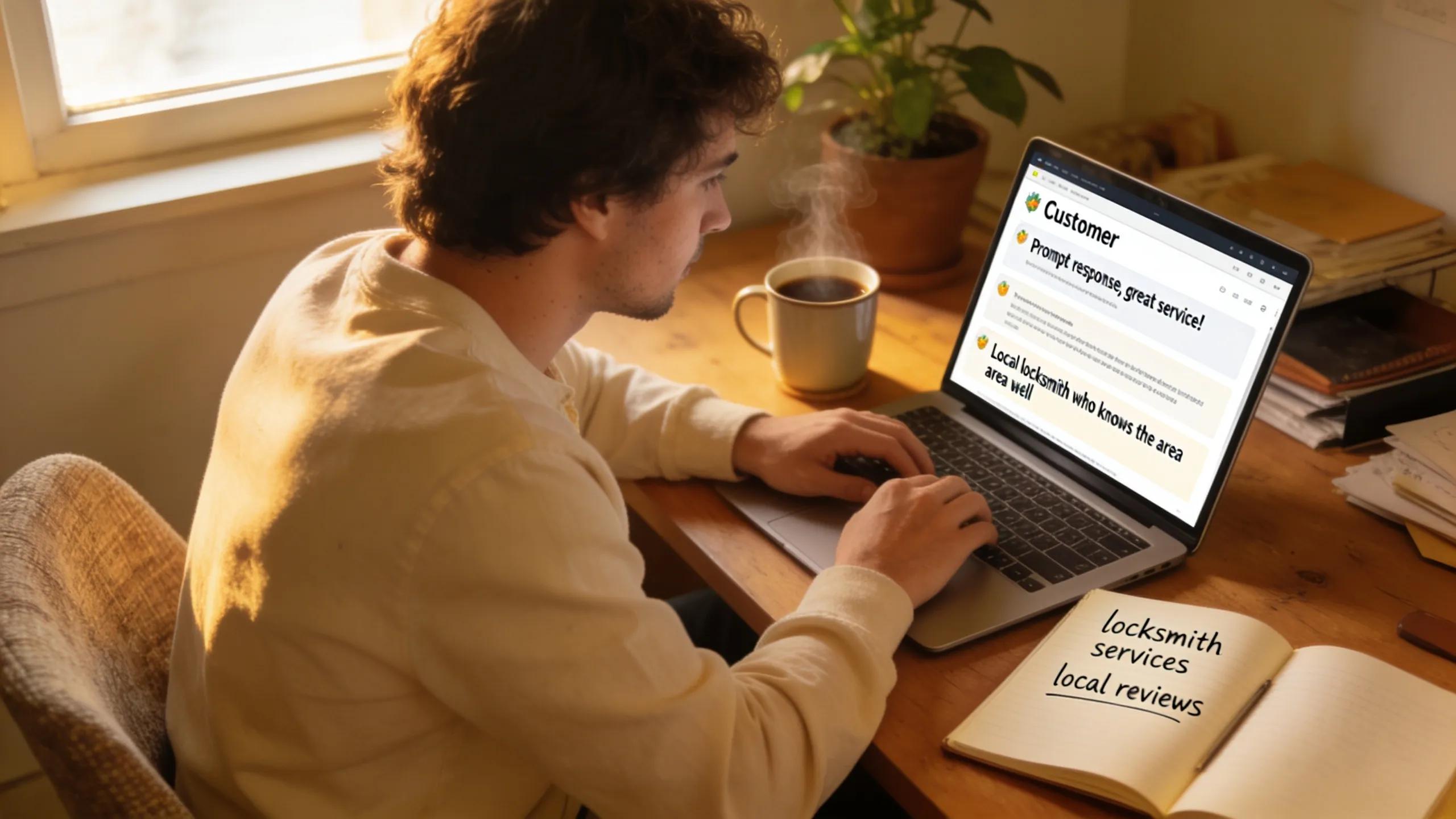 Customer reading local reviews for locksmith services on a laptop, emphasizing the importance of informed decisions.