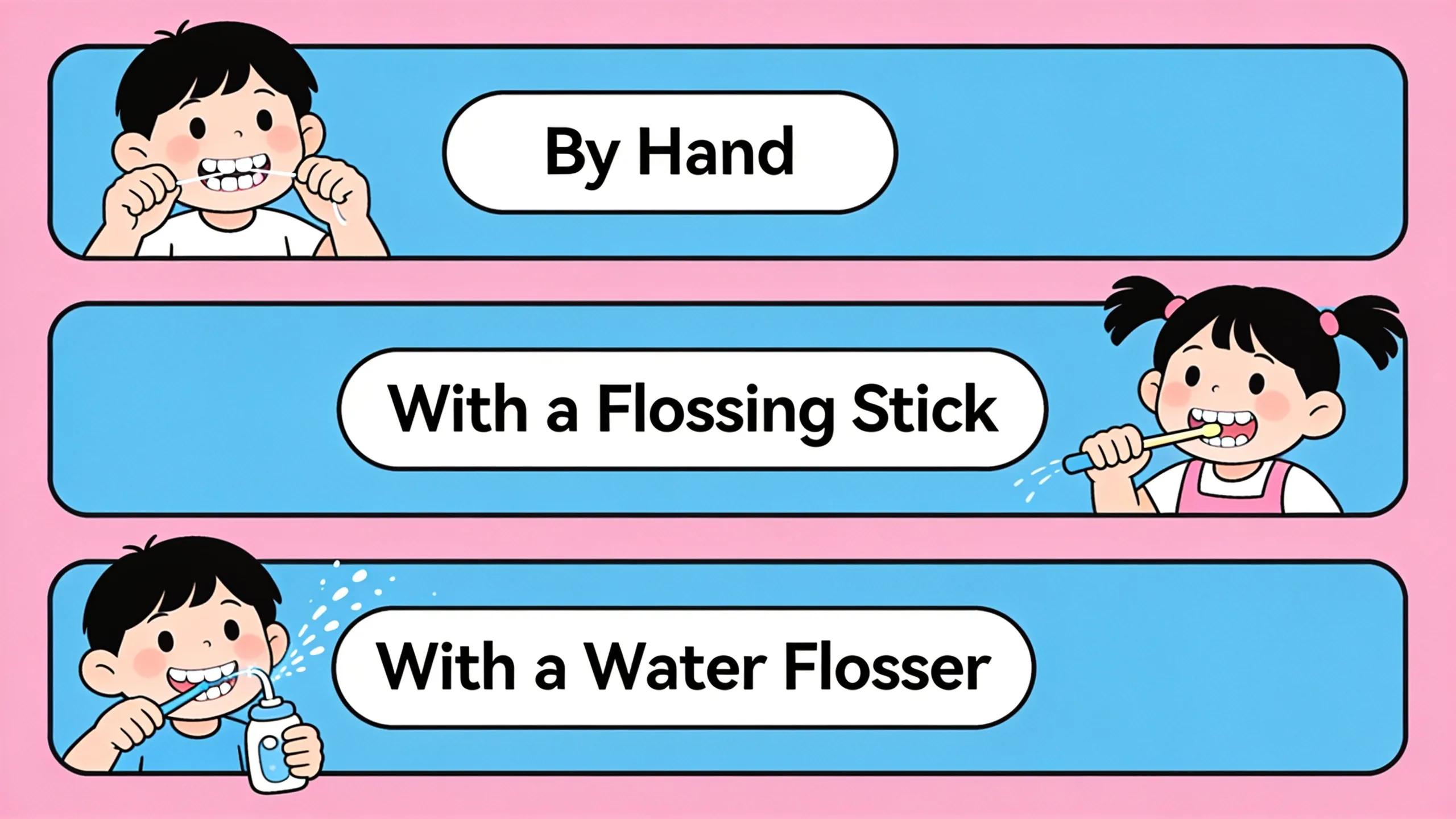 There are three main methods for kids flossing: by hand, with a flossing stick