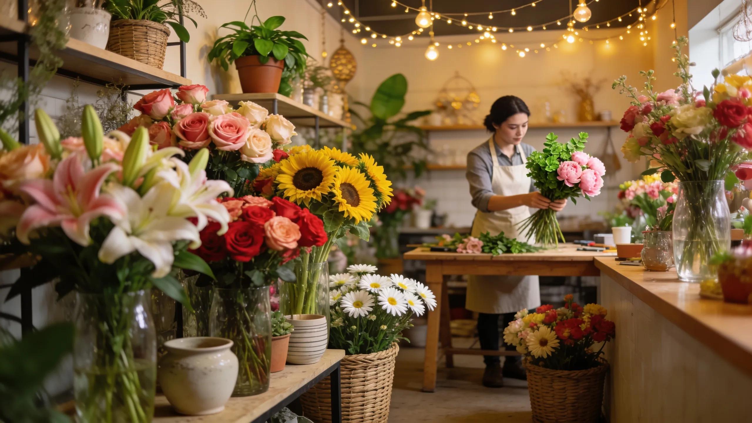 Colorful array of fresh flowers in a vibrant florist shop interior