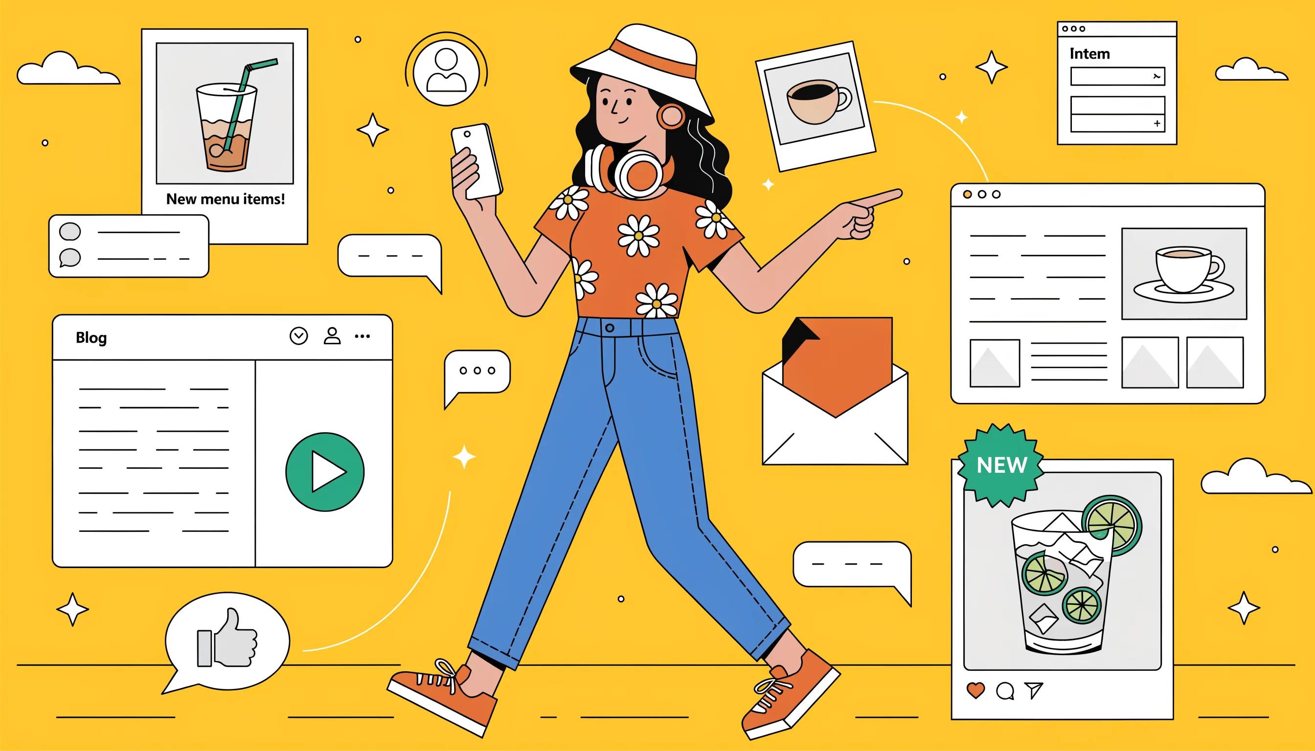 Small business owner engaging in multichannel distribution, illustrating the connection between various content platforms for growth