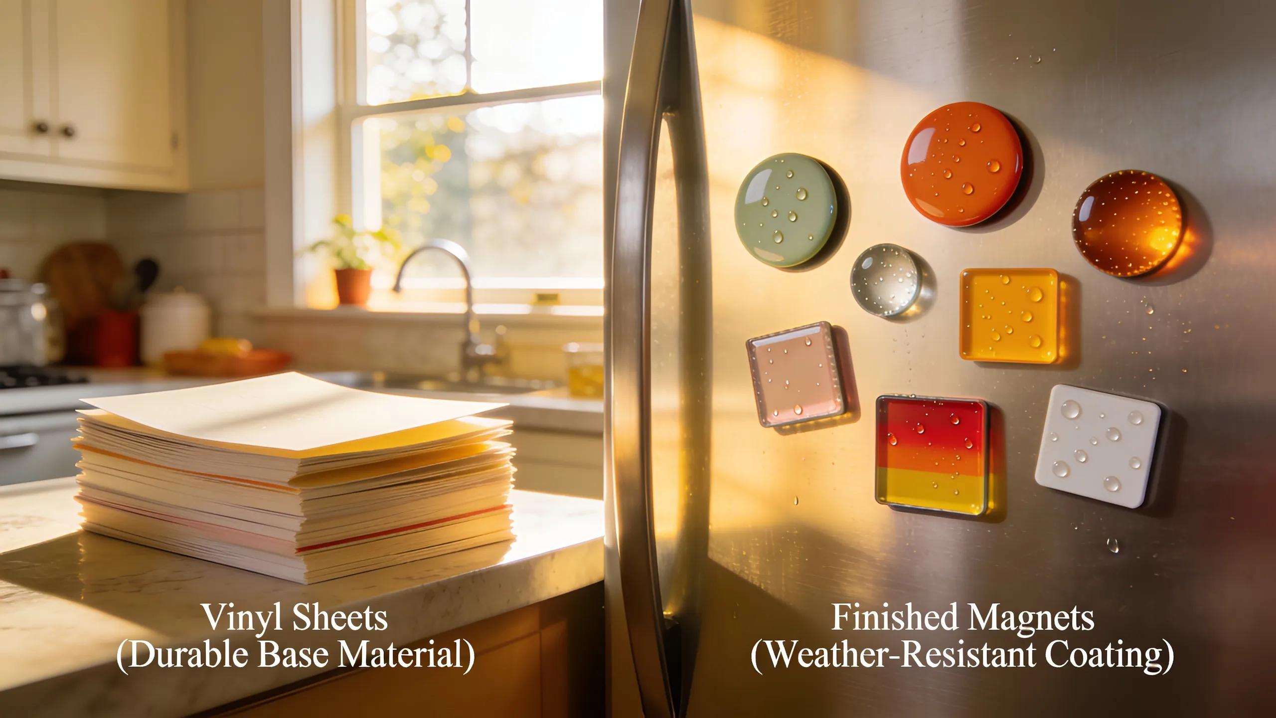 Display of materials for custom fridge magnets highlighting vinyl sheets and finished products under sunlight