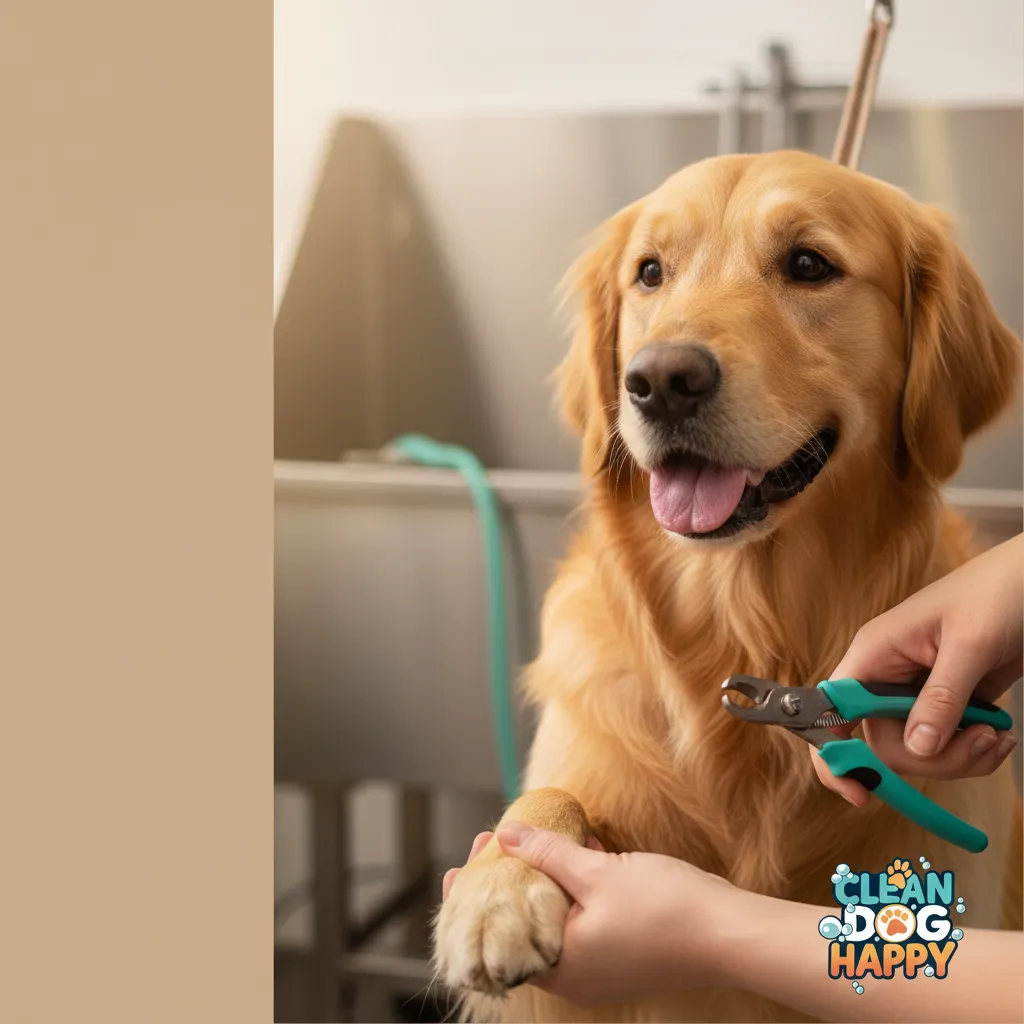 Groomer using positive reinforcement with treats while trimming a calm dog's nails, emphasizing gentle techniques