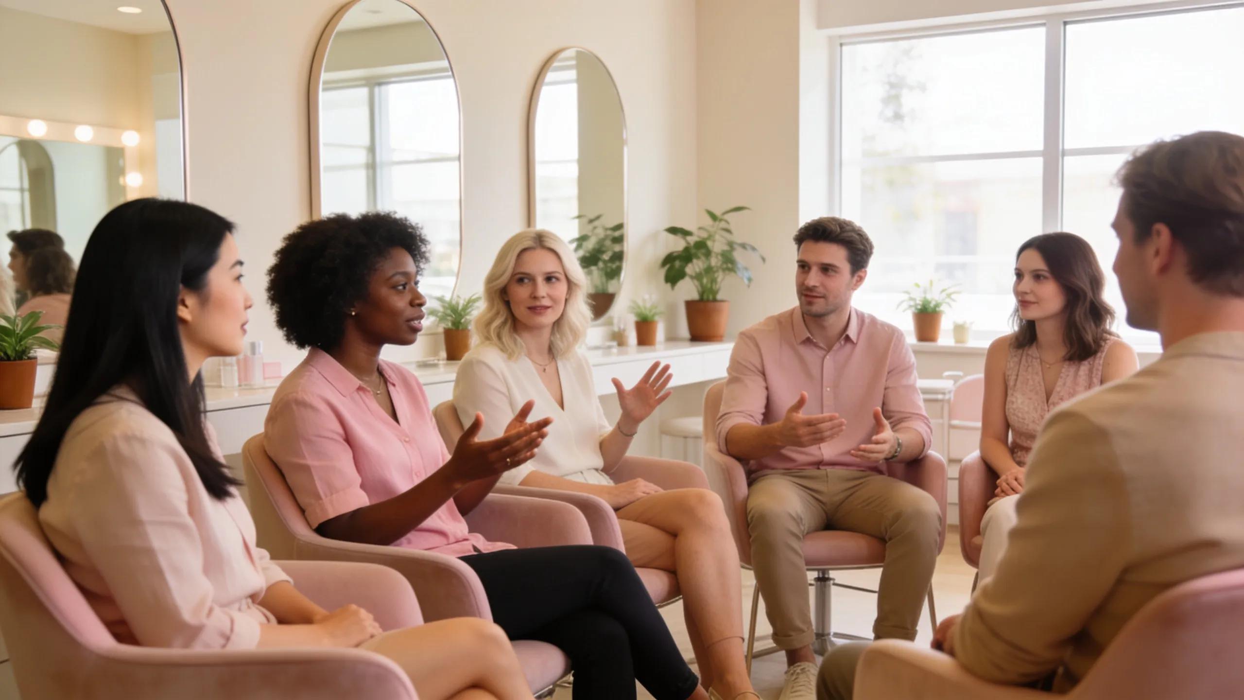 Diverse individuals discussing electrolysis hair removal benefits in a welcoming salon