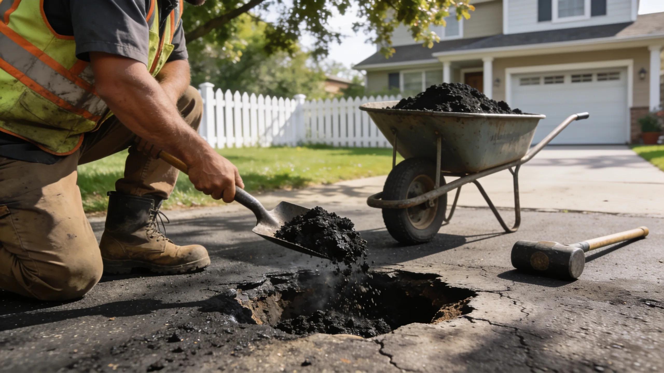 Contractor repairing a pothole in an asphalt driveway with essential tools