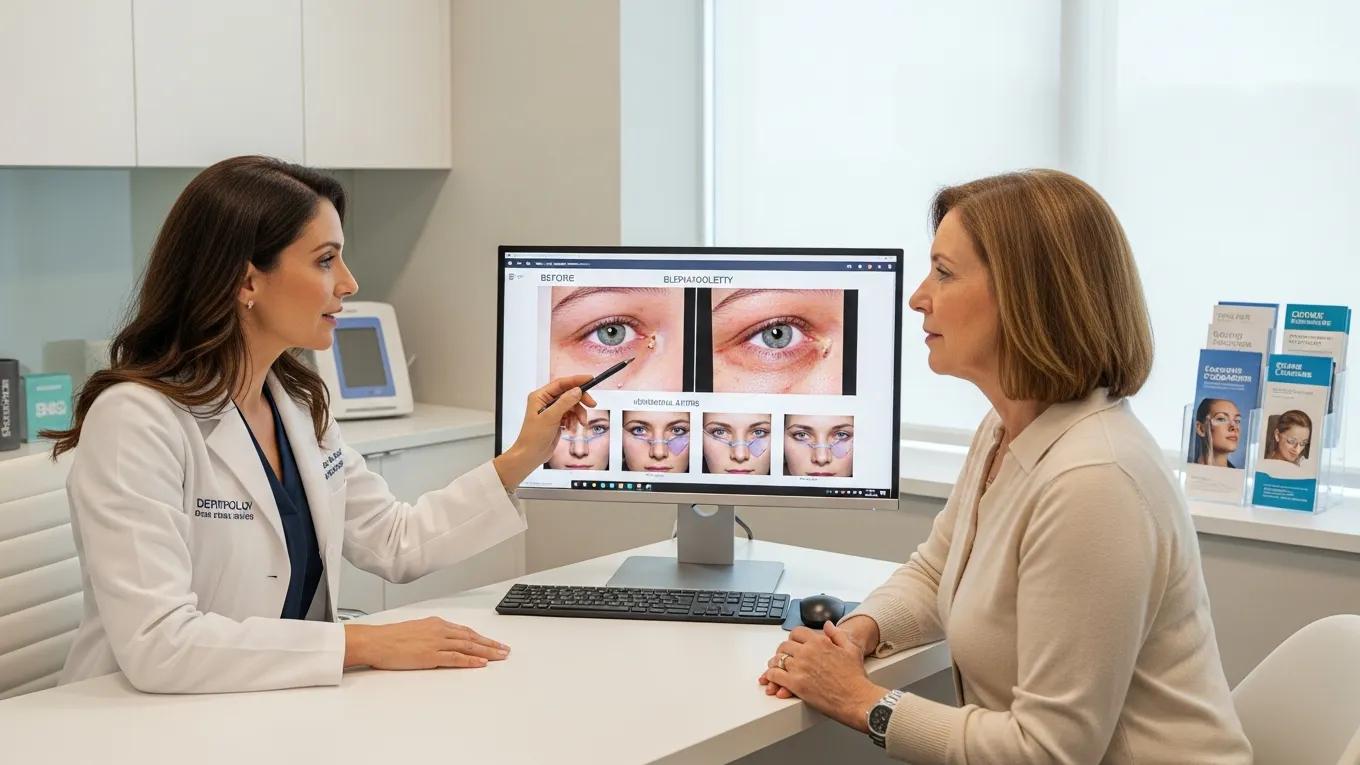 Consultation between dermatologist and patient discussing blepharoplasty for under eye bags