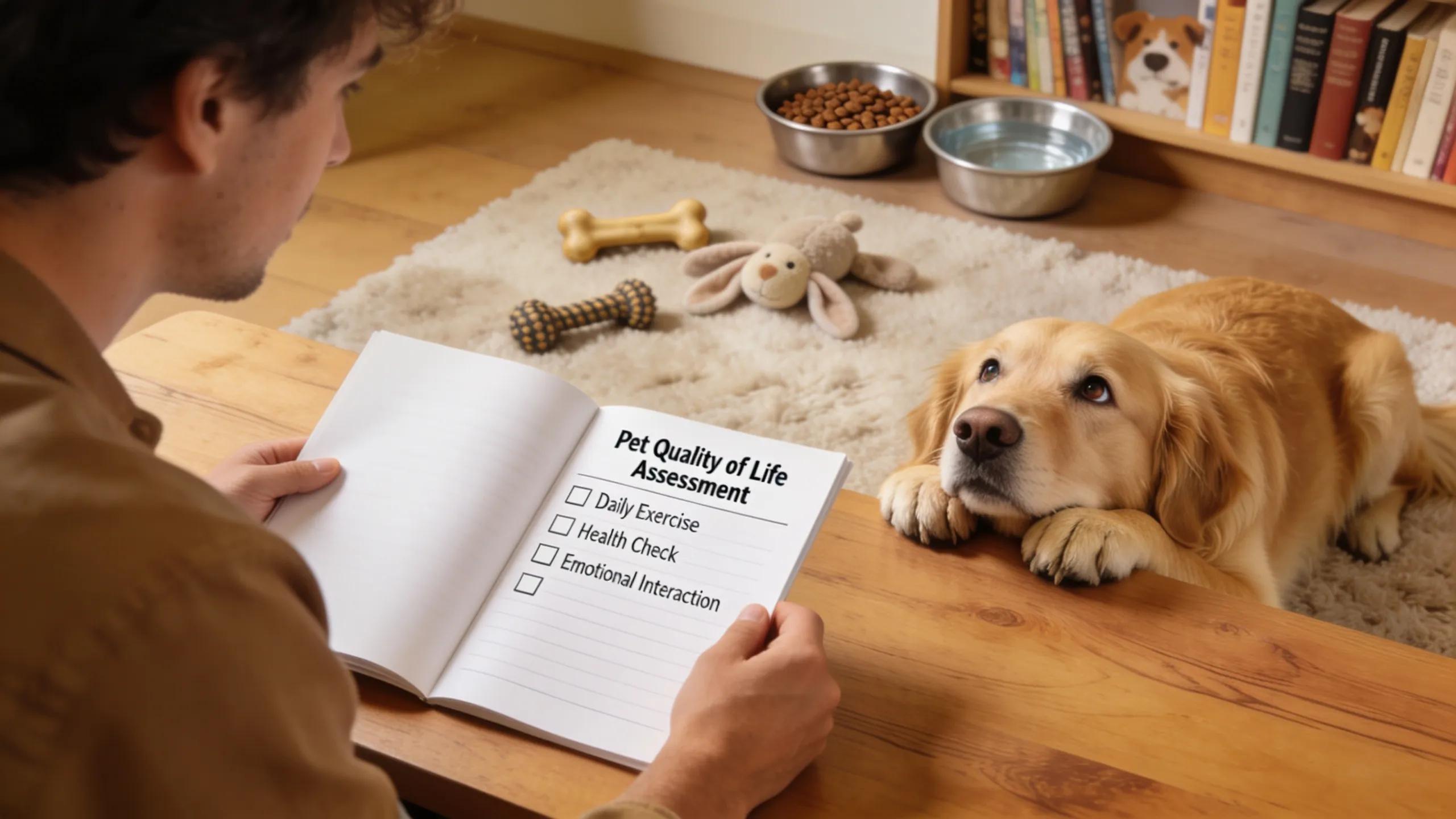 Pet owner assessing the quality of life of their pet using measurement tools in a cozy home environment