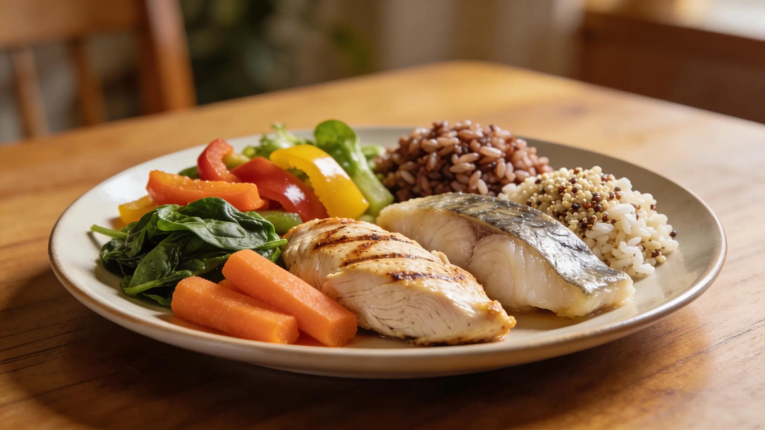 Nutritionally balanced meal for seniors featuring bright vegetables and protein