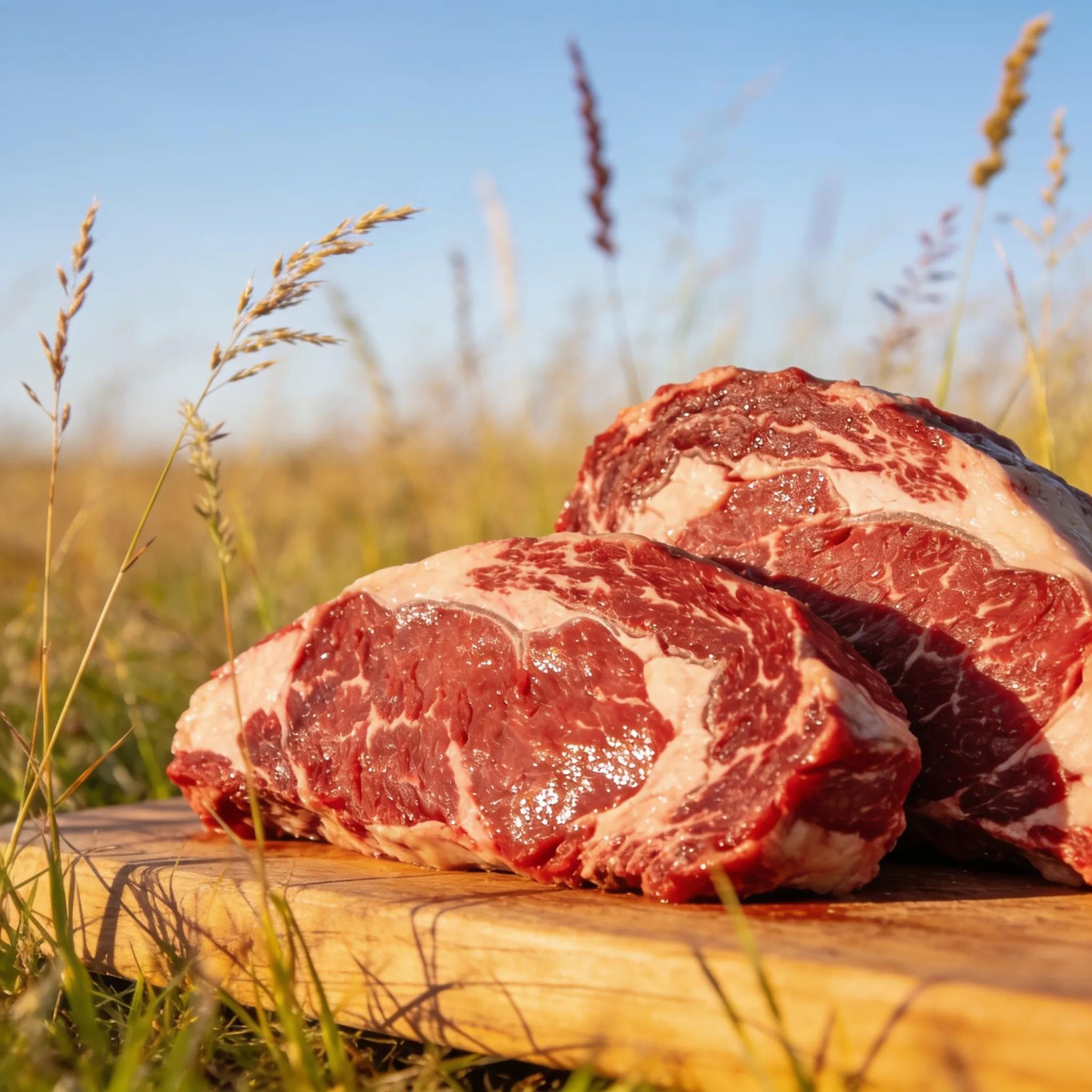 Close-up of premium grass-finished beef cuts against a scenic natural backdrop, highlighting their nutrient-rich quality