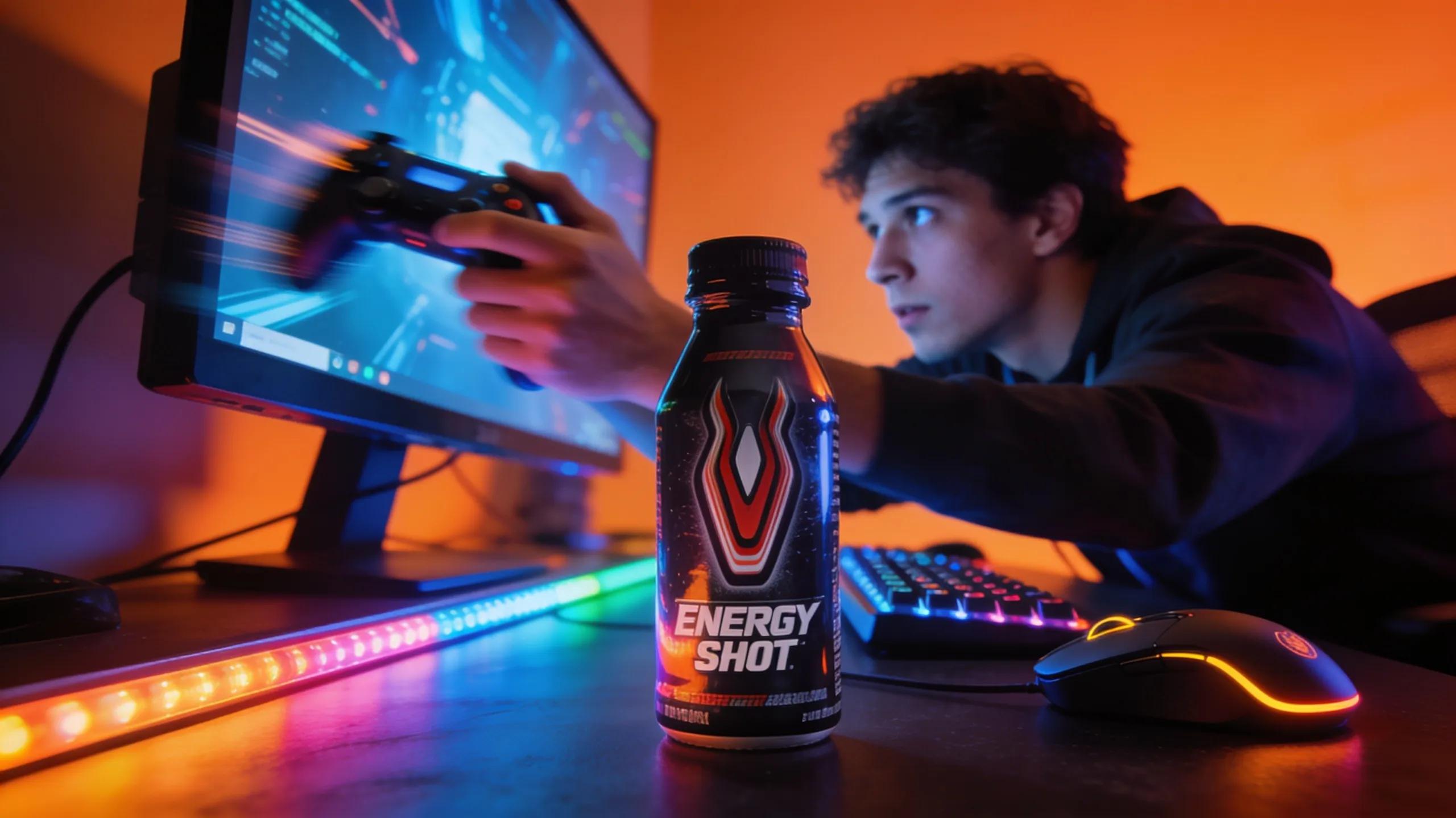Gamer focused on gameplay with a nootropic energy shot on the desk