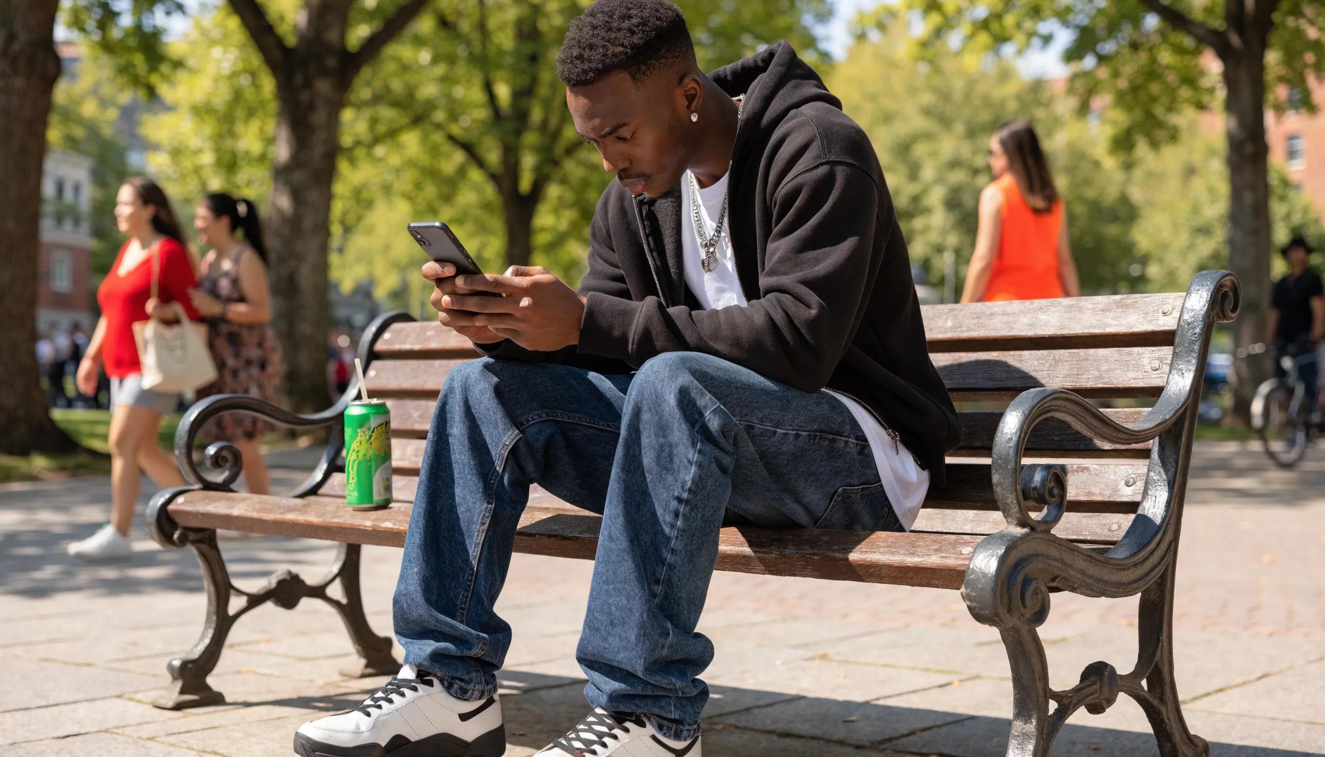 A person using a smartphone in a park, emphasizing user engagement with AI search tools