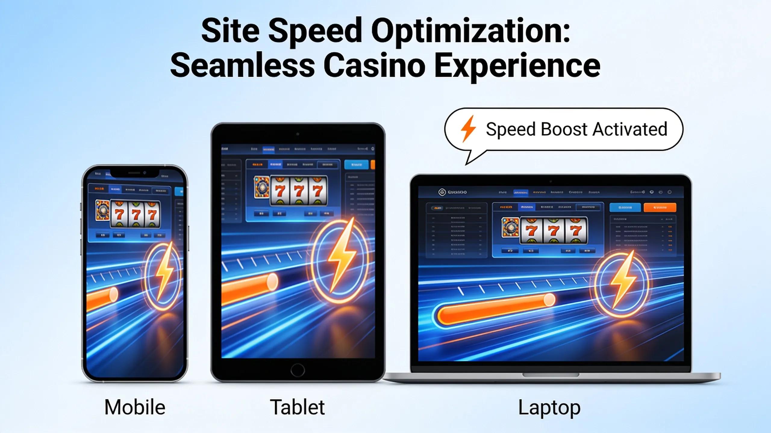 Illustration of site speed optimization techniques for online casinos, emphasizing fast-loading content across multiple devices.